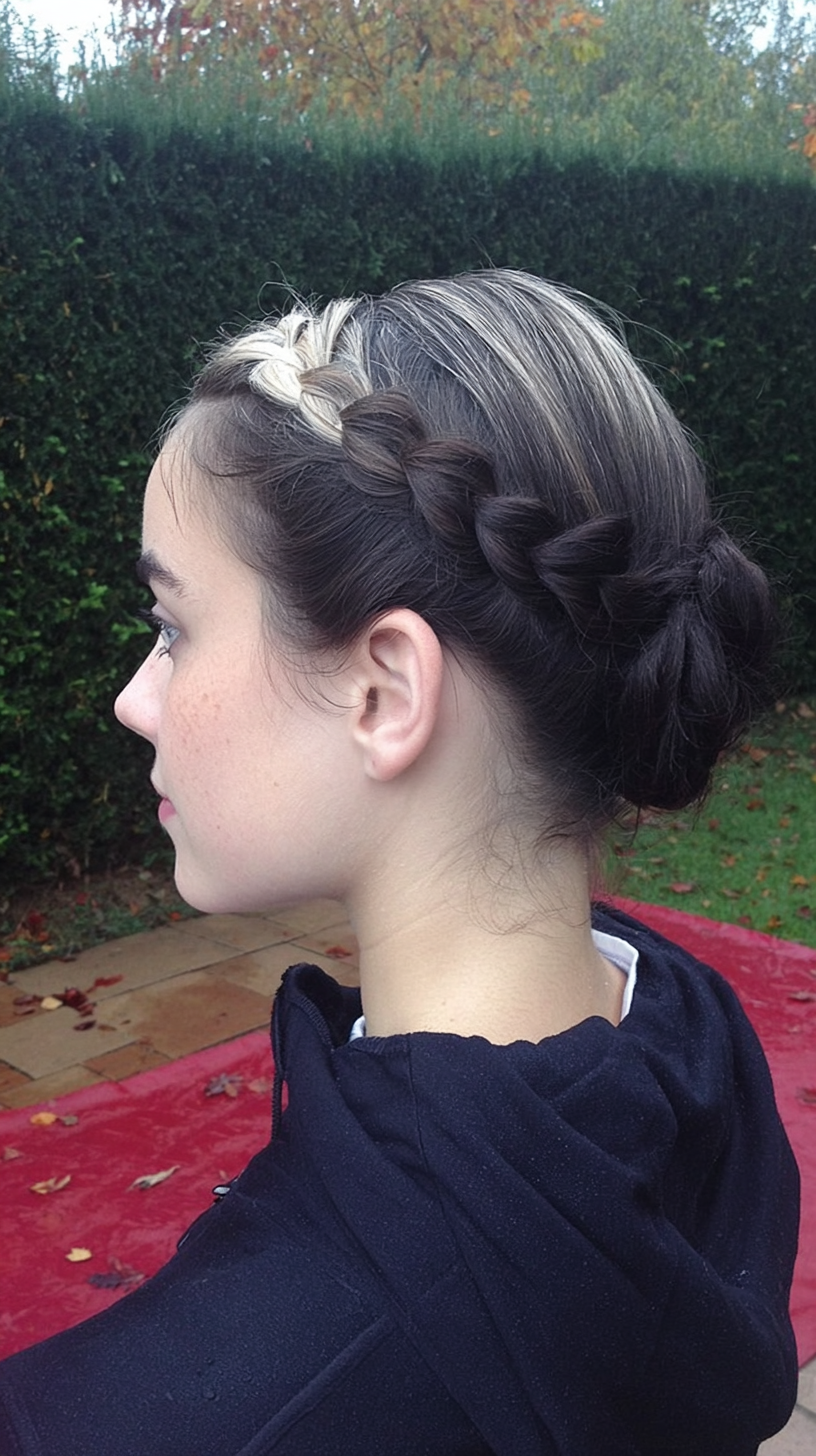 Dark hair Dutch braid wrapping into a low bun