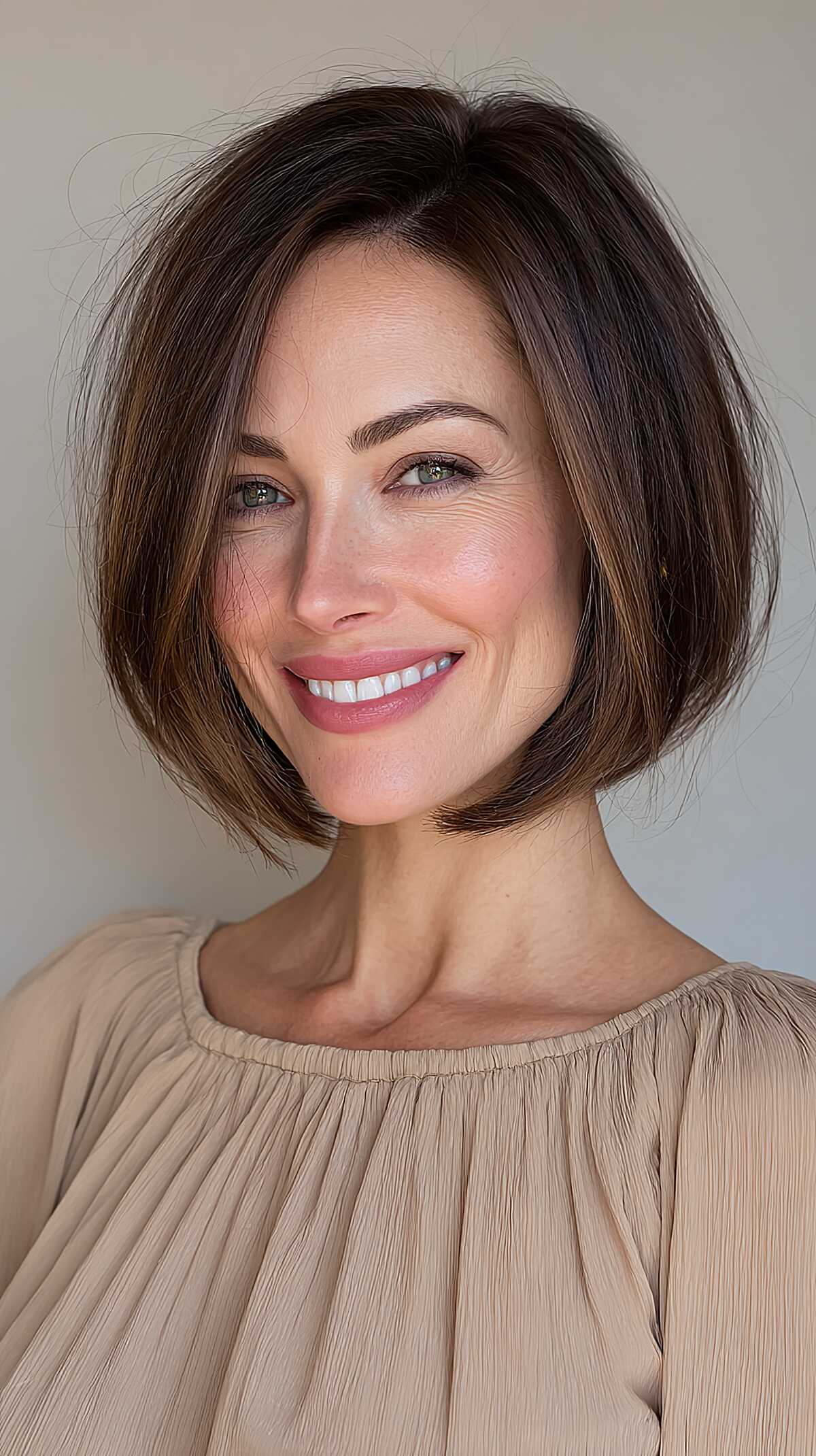 Dark espresso brown chin-length bob with subtle side part
