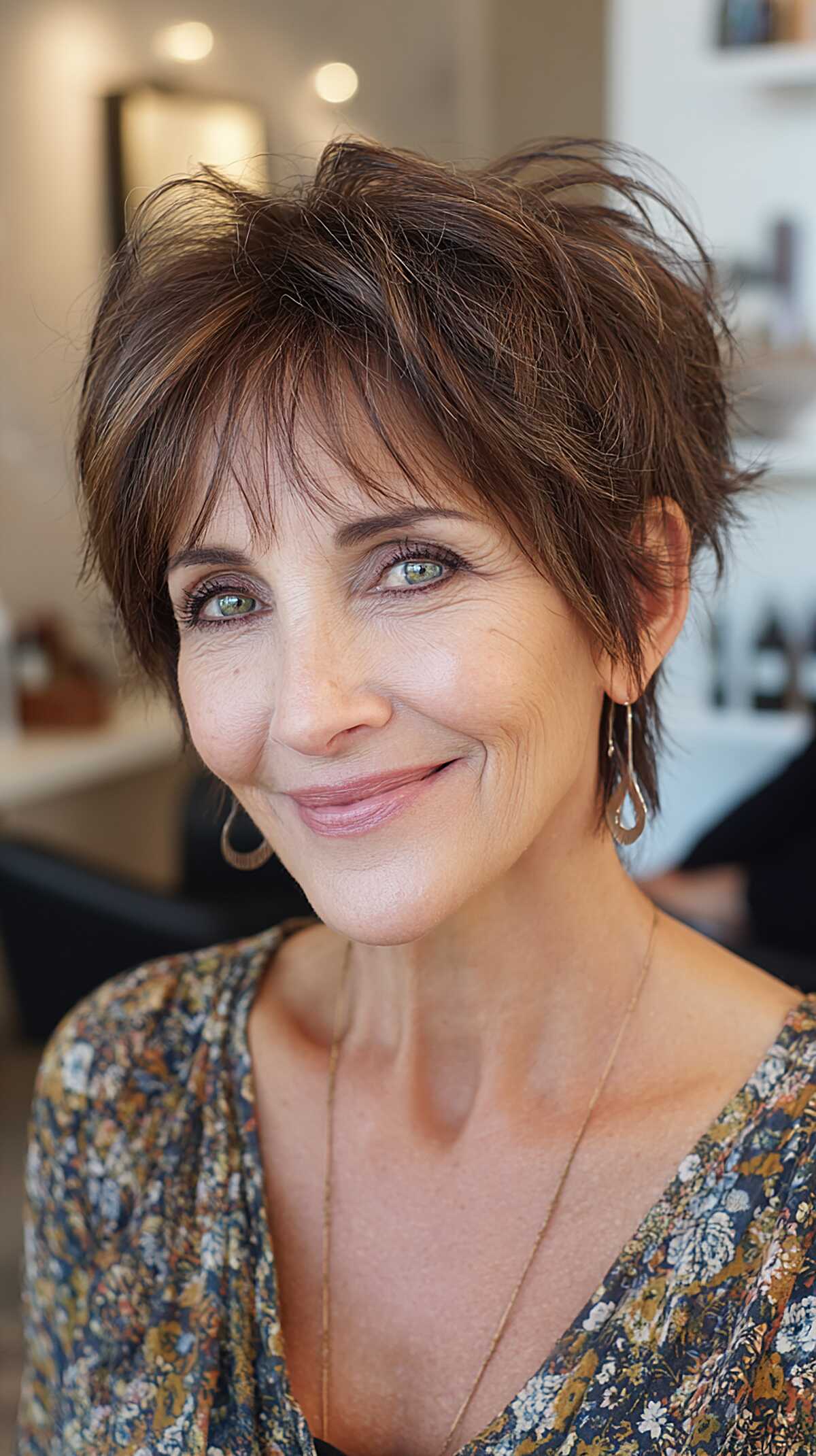 Feathered light brown pixie shag with wispy ends
