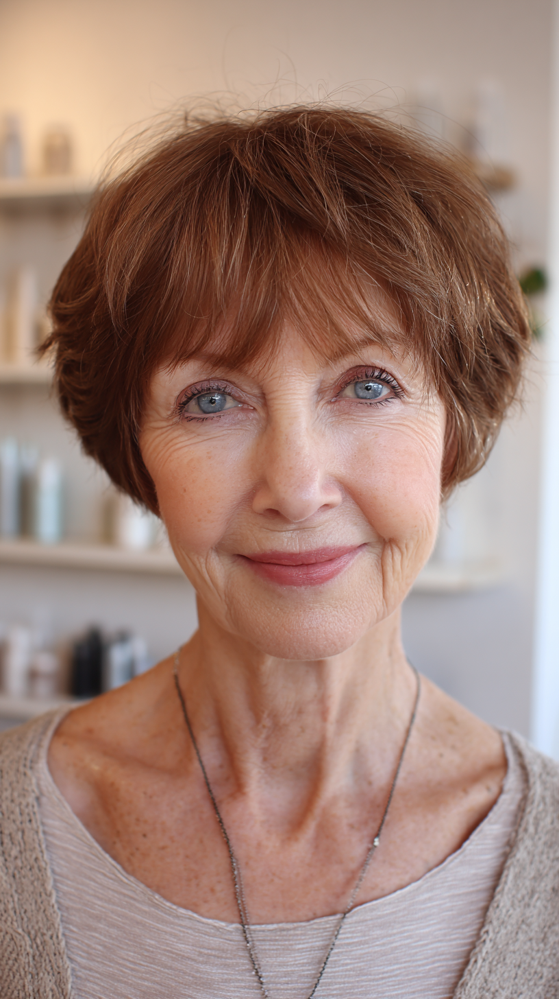 Short feathered chestnut cut with soft full bangs