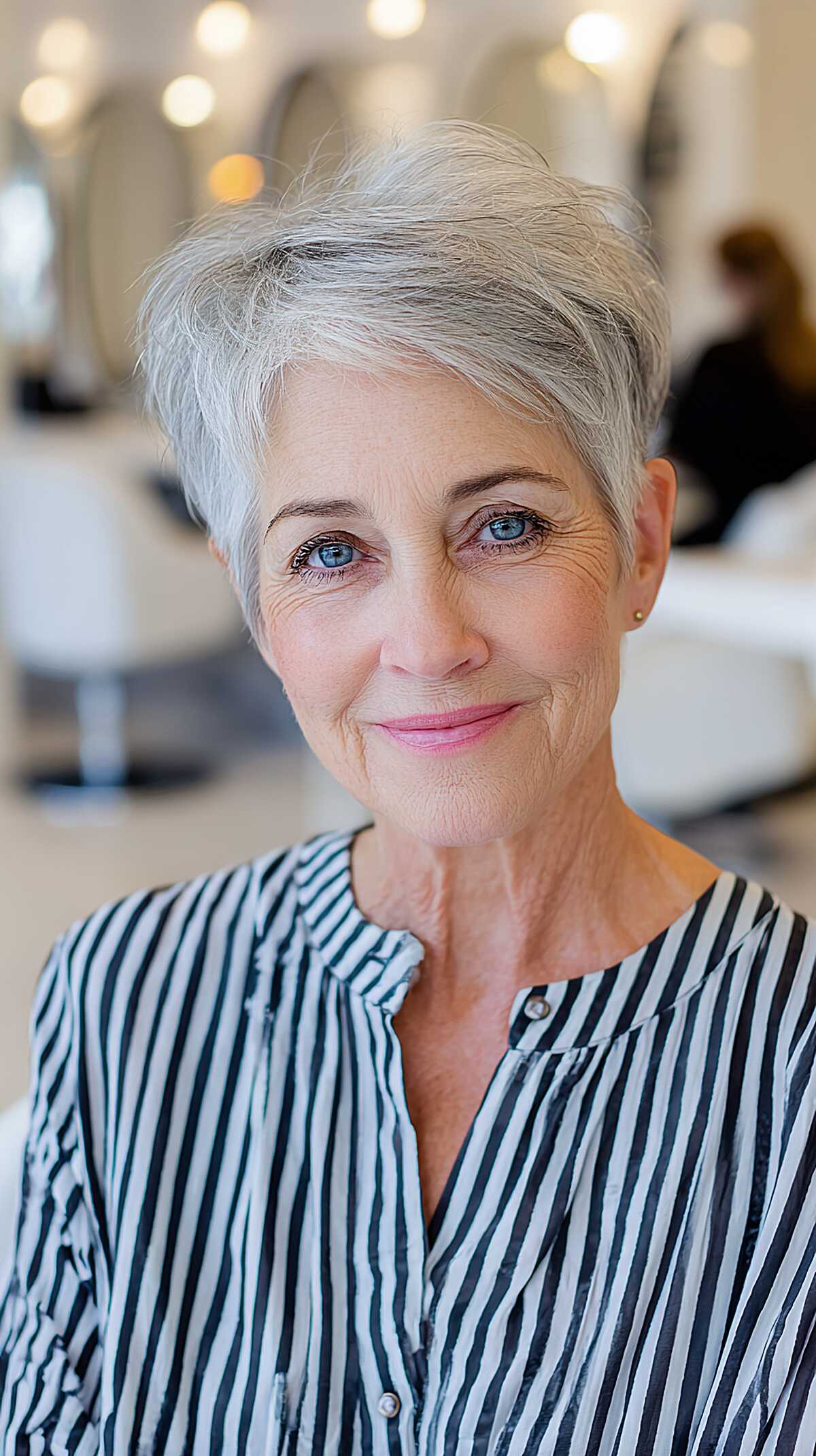 Feathered silver pixie with wispy fringe on grey hair