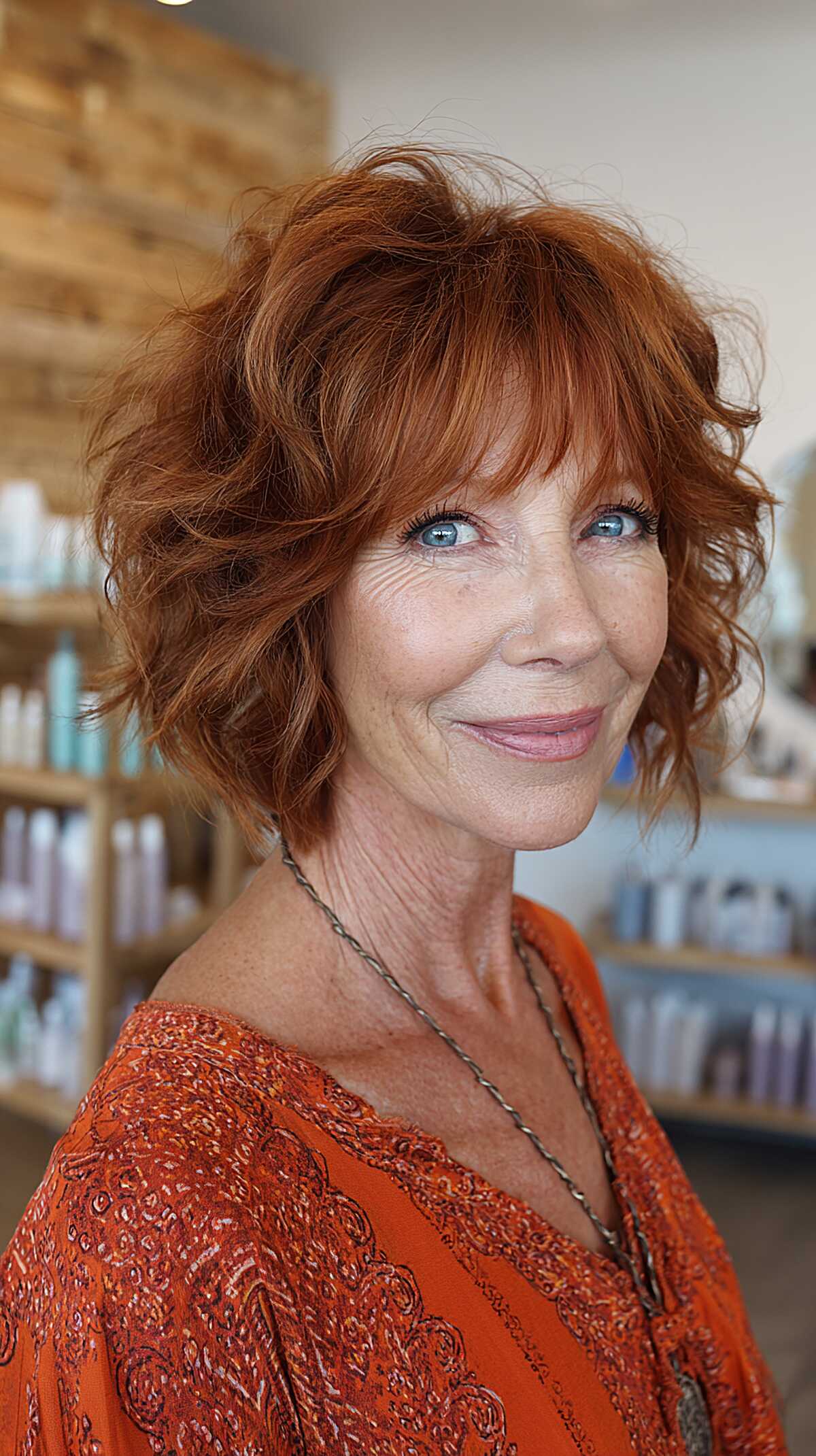 Fiery copper red curly short shag with bangs