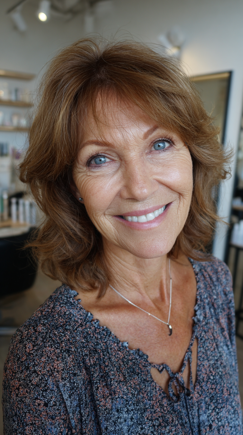 Warm brown shoulder-length shag with flipped ends and bangs