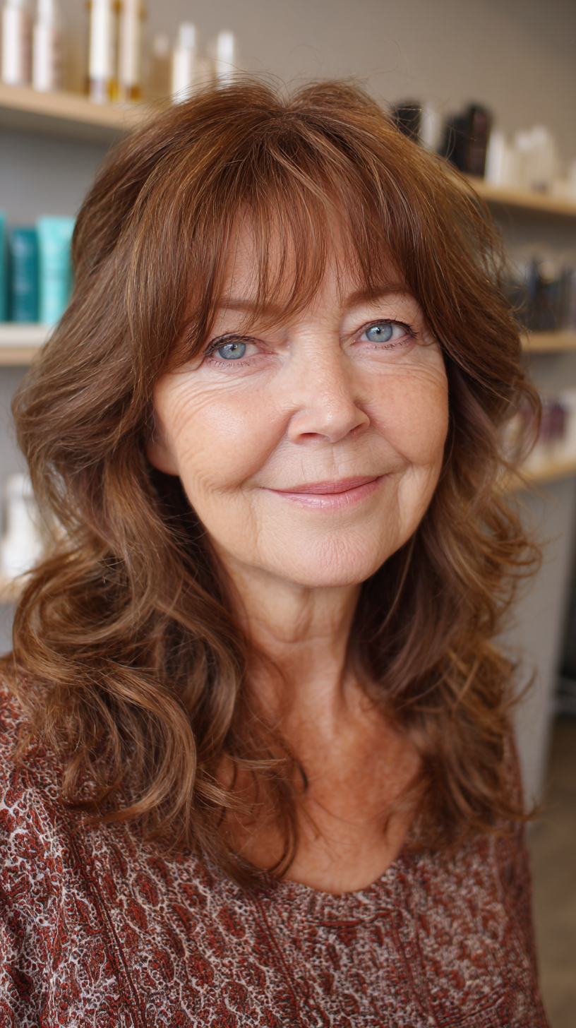 Full-bodied chestnut waves with sweeping layered bangs