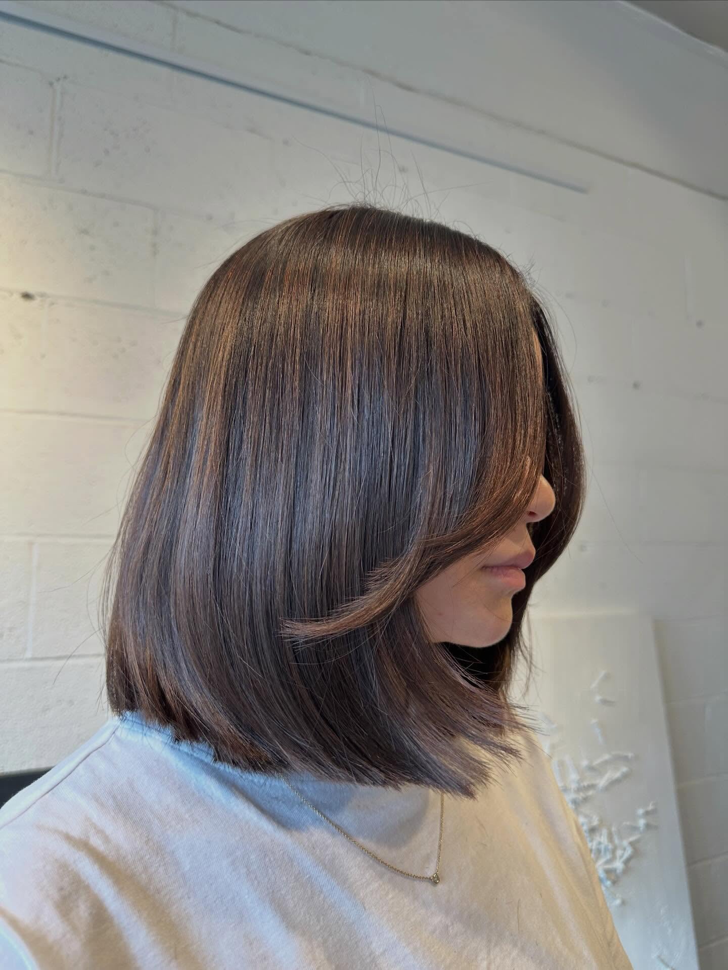 Sleek dark brown blunt shoulder-length cut, side view