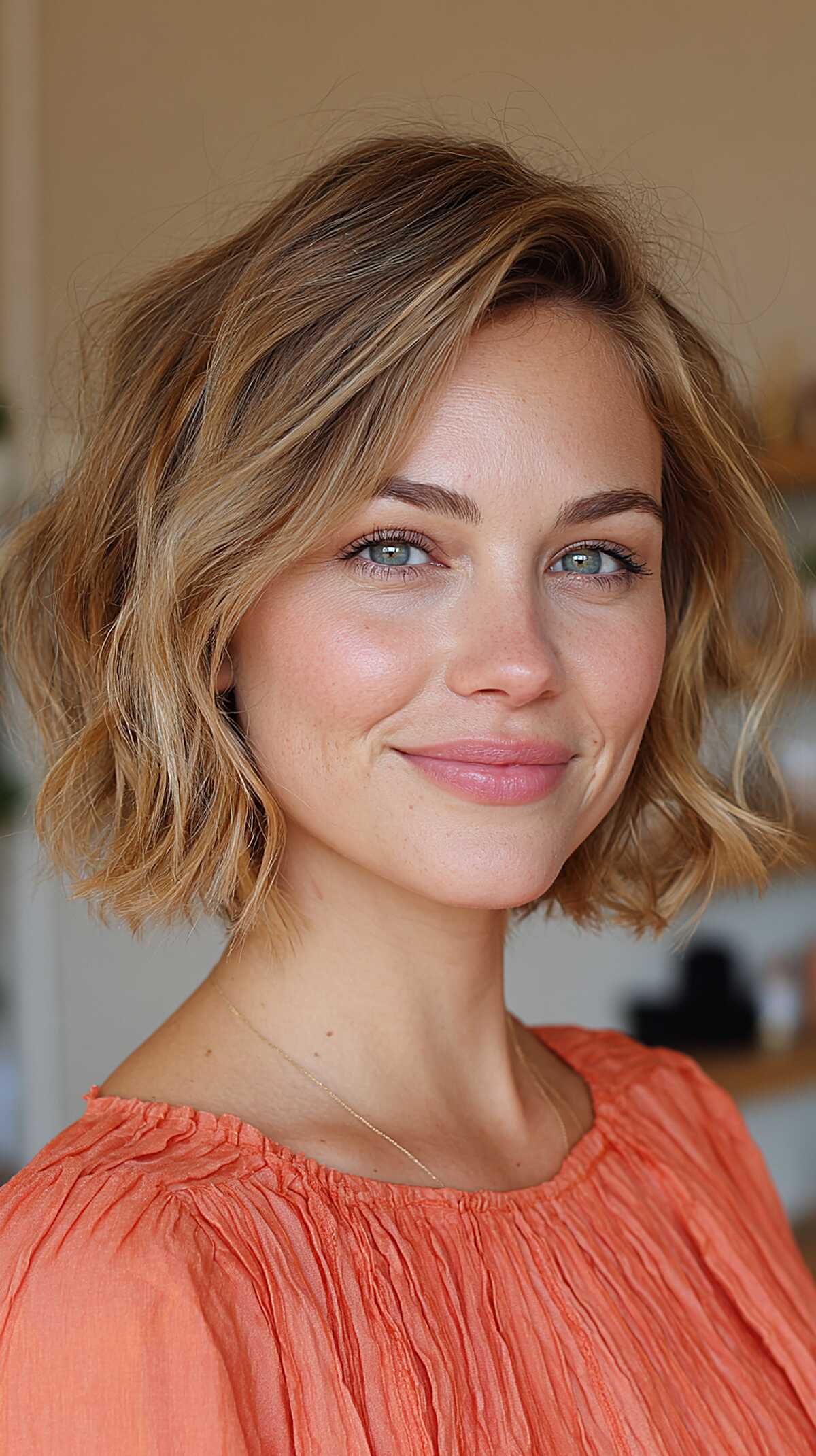 Chin-length wavy bob in golden bronde with soft side part