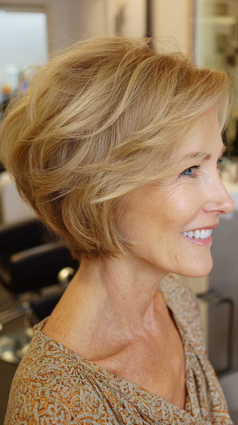 Golden honey wavy stacked bob with crown volume