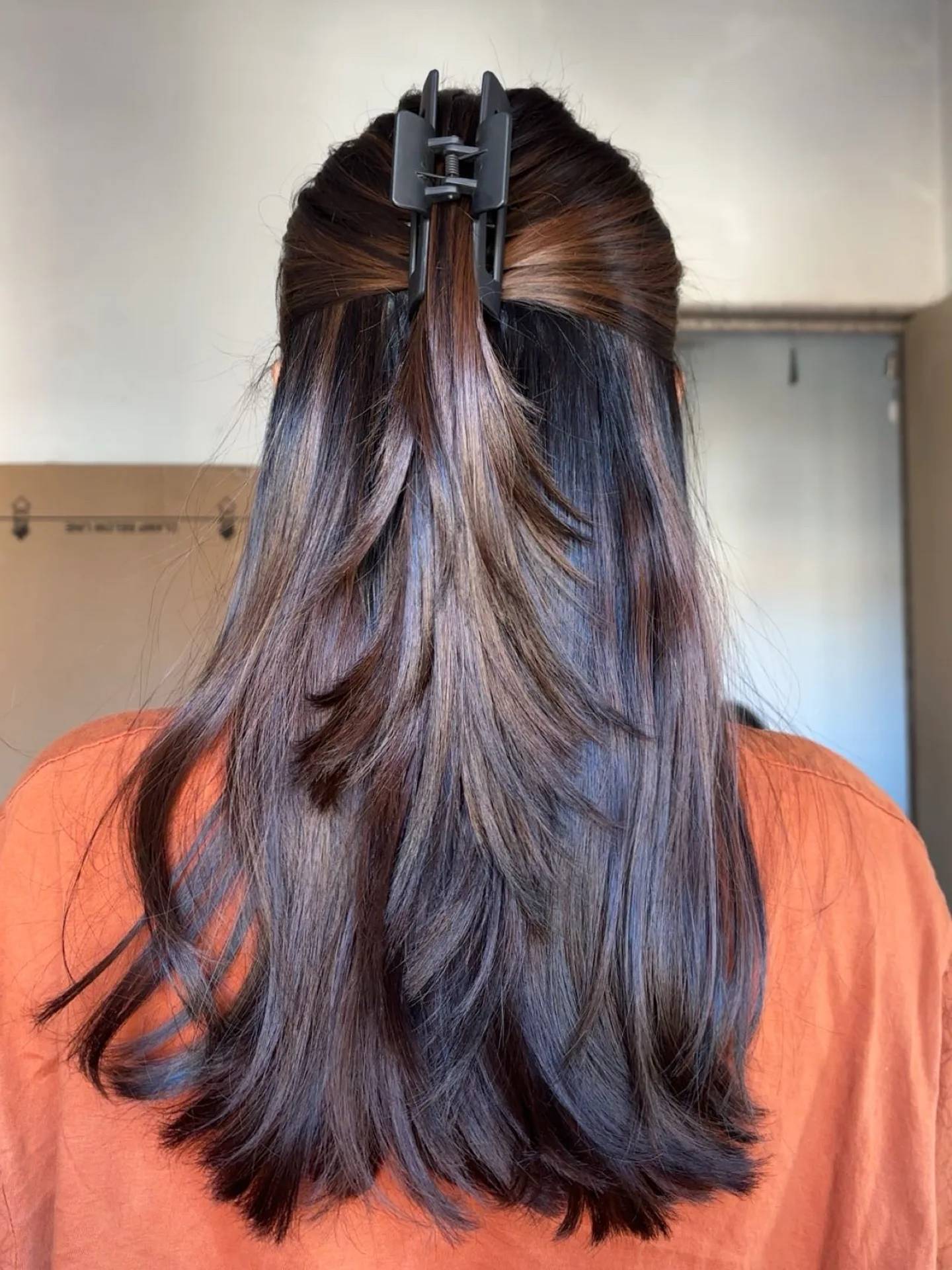 Long dark hair in a half-up style with matte black claw clip