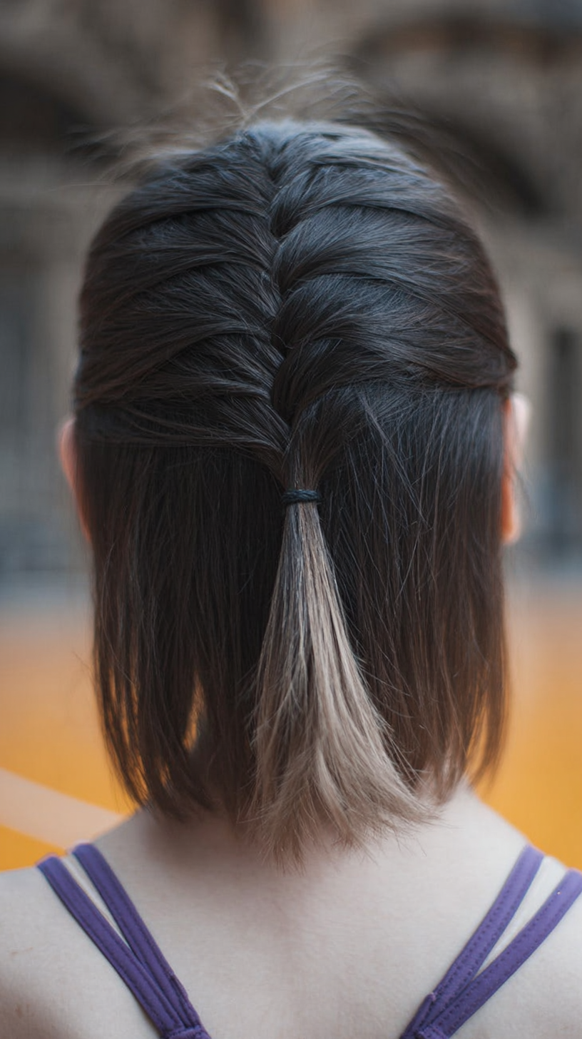Back view of a short bob with half-up French braid