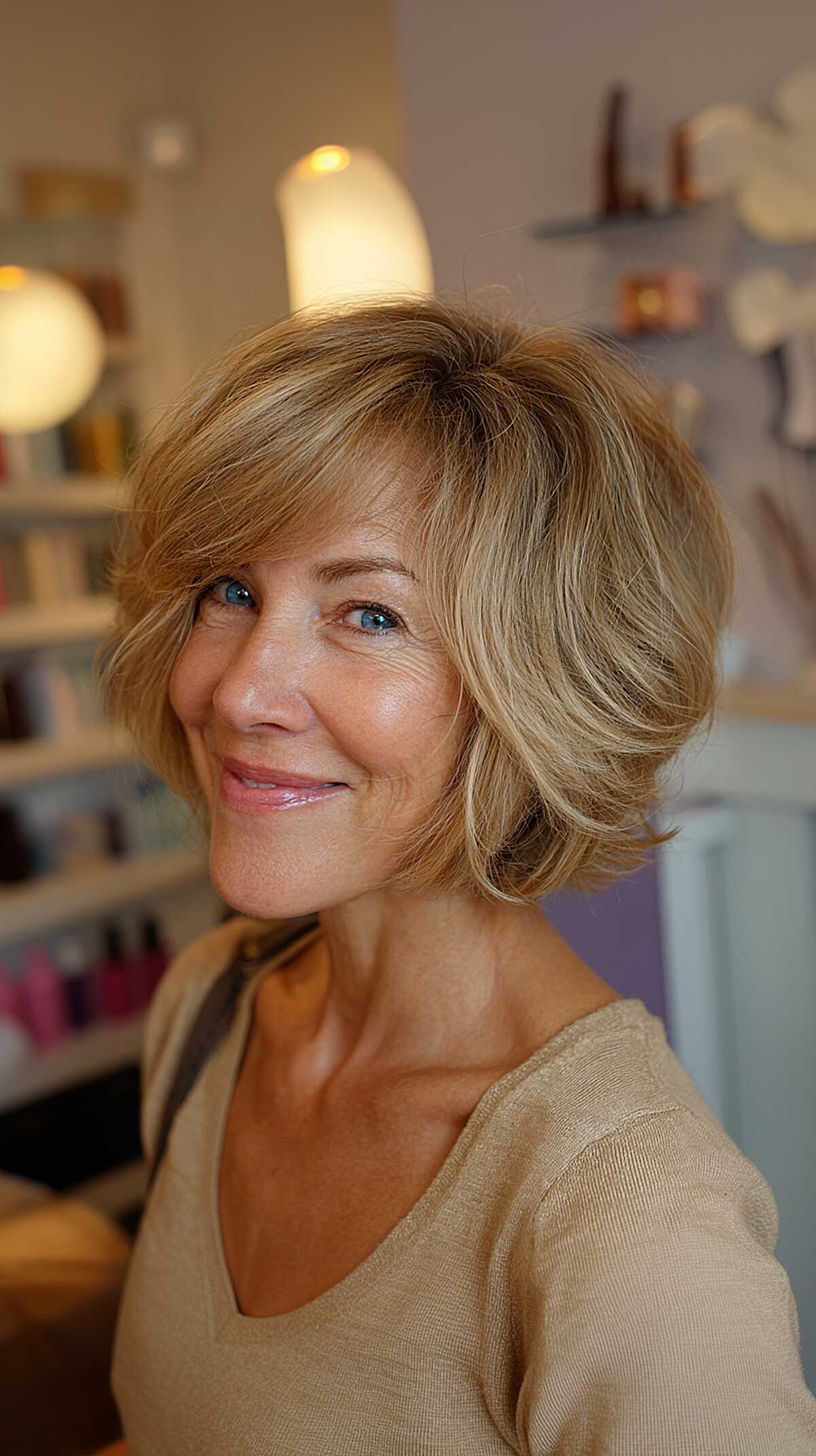 Honey blonde feathered bob with side-swept bangs