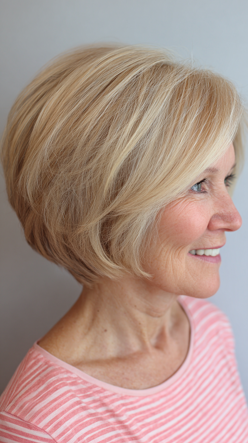 Honey blonde polished round stacked bob with volume