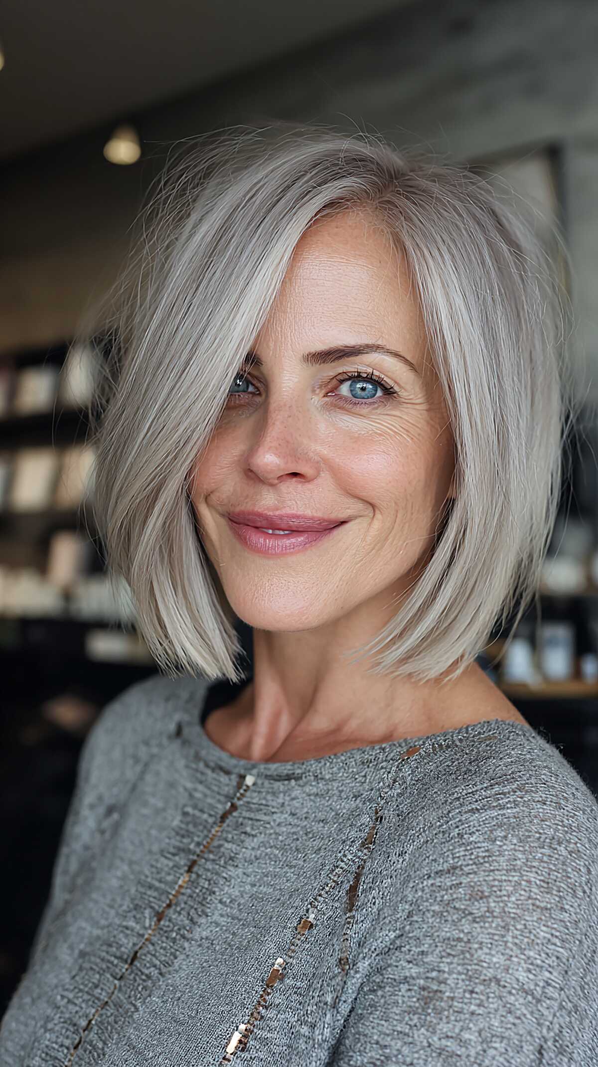 Icy platinum blonde bob with deep side part and volume
