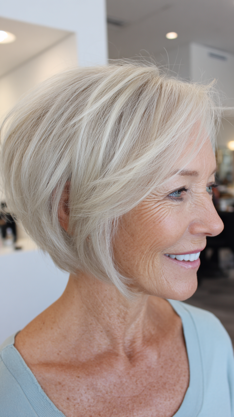 Icy platinum sleek A-line stacked bob on woman
