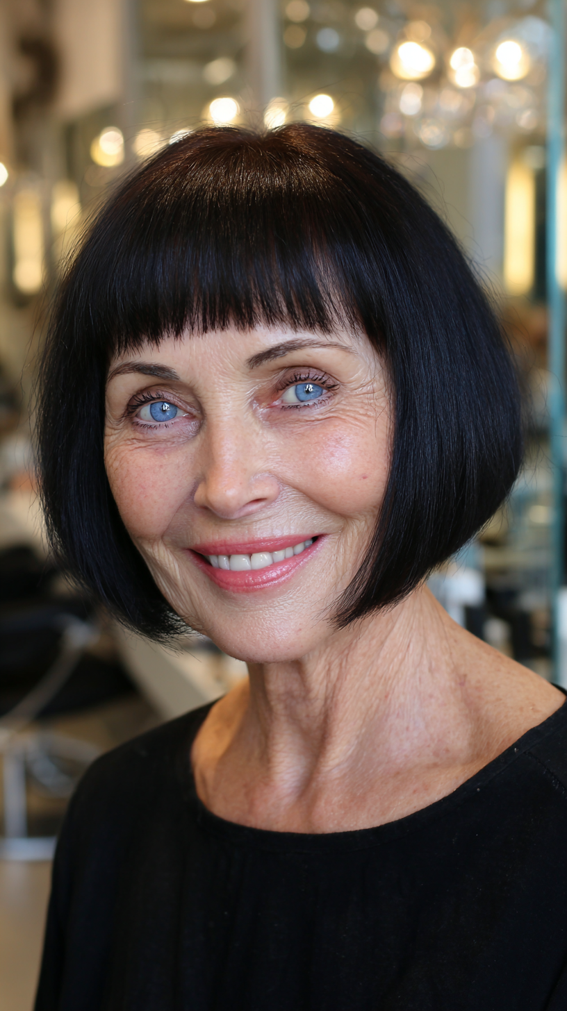 Sleek jet-black French bob with straight full bangs