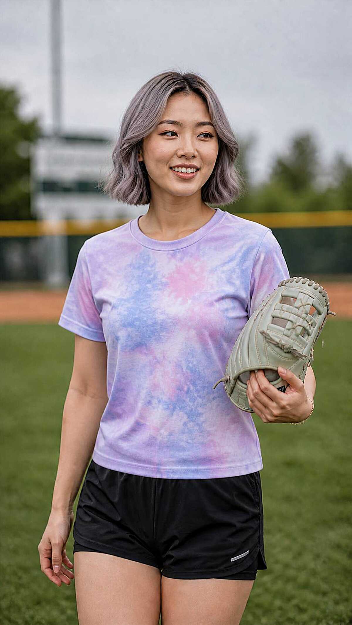Wavy lavender-tinted bob on a softball field