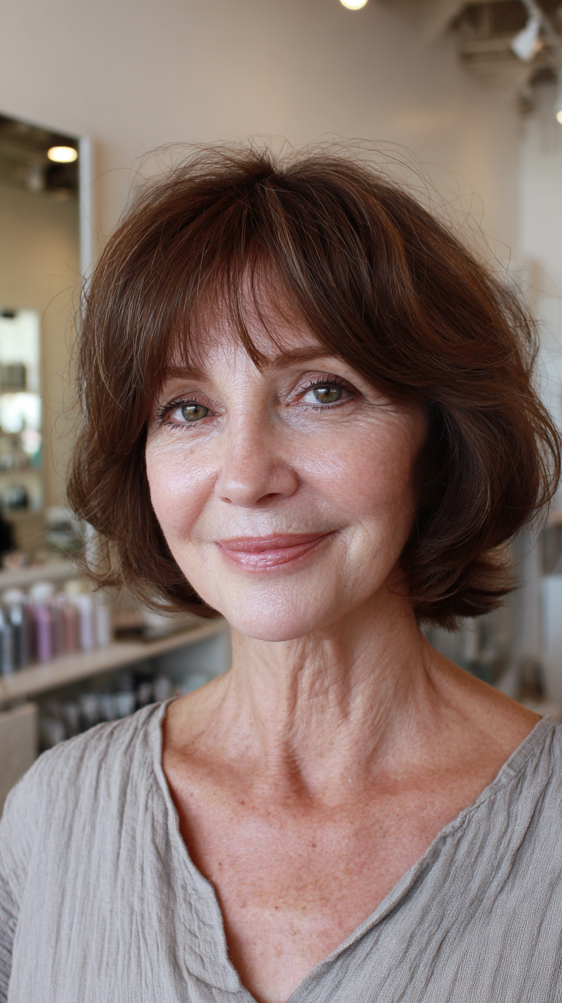Warm brunette layered bob with soft swept bangs