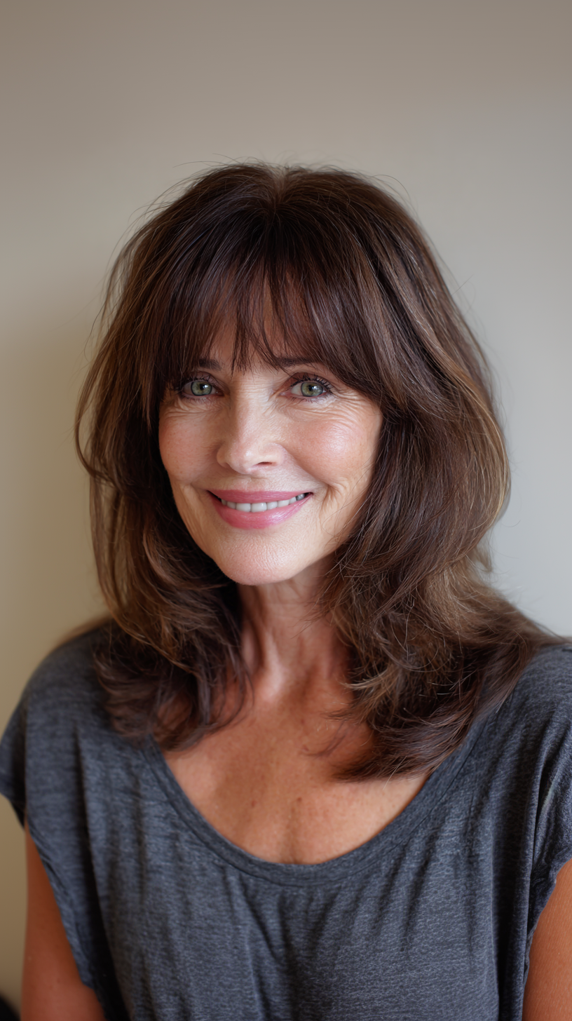 Medium-length brunette layers with curtain bangs