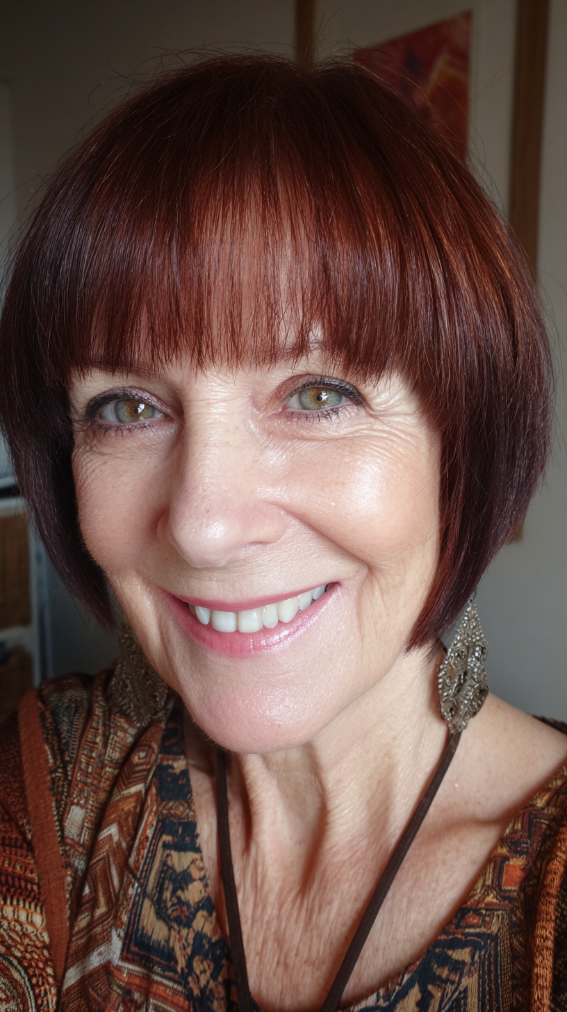 Deep mahogany red micro bob with full bold bangs