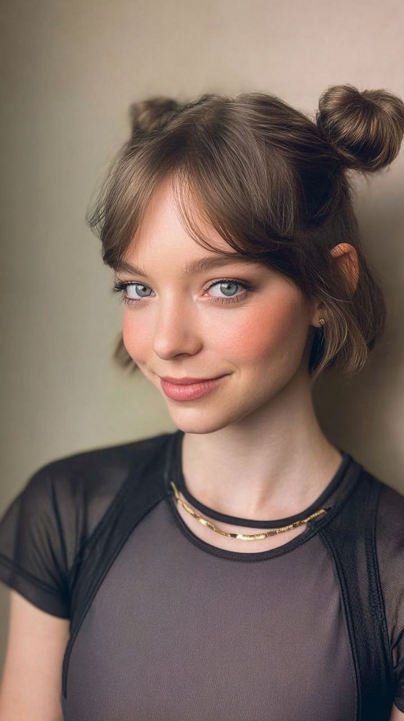 Short brown hair in a single mini bun with wispy bangs