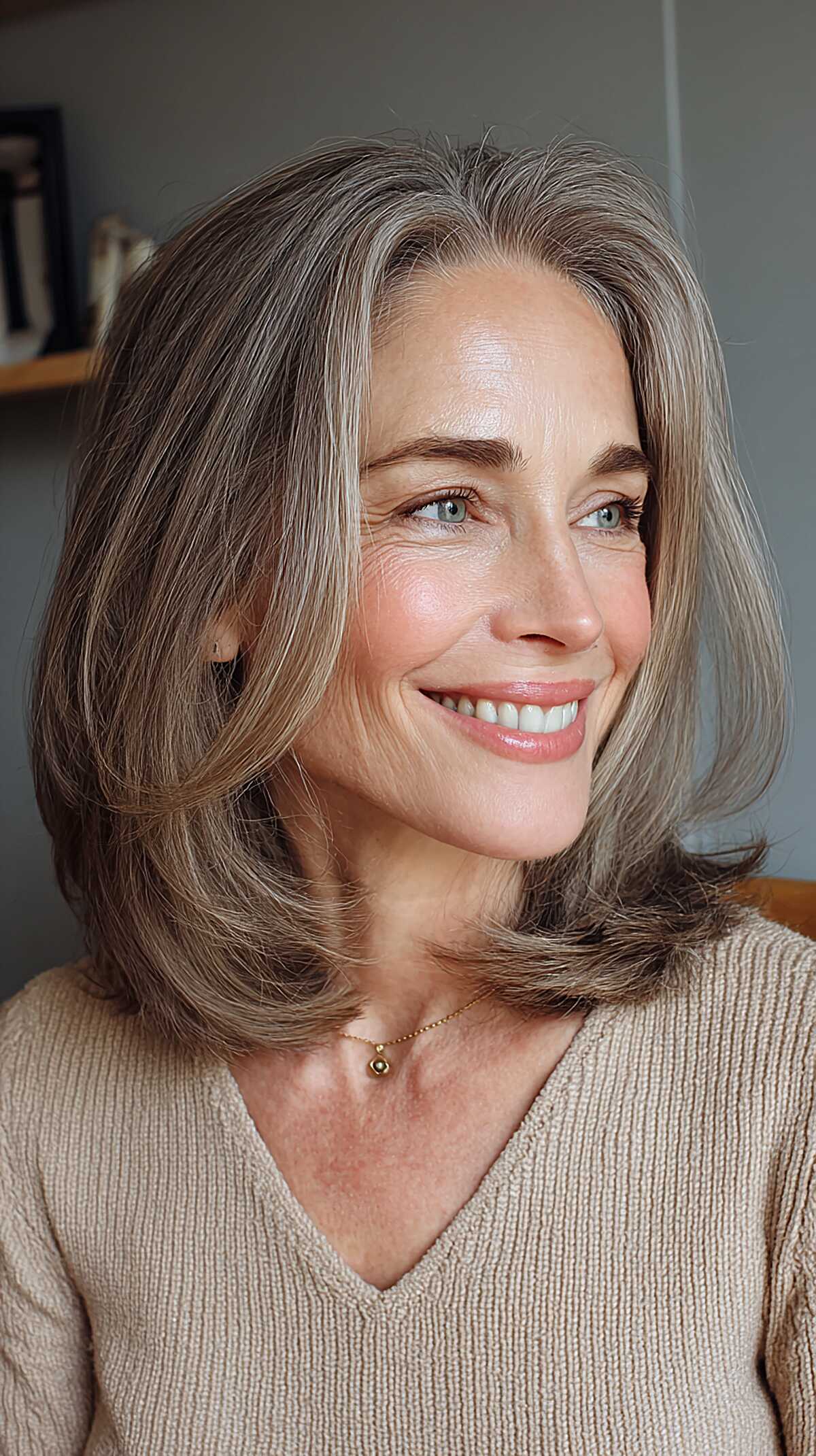 Mushroom bronde shoulder length hair with flipped ends