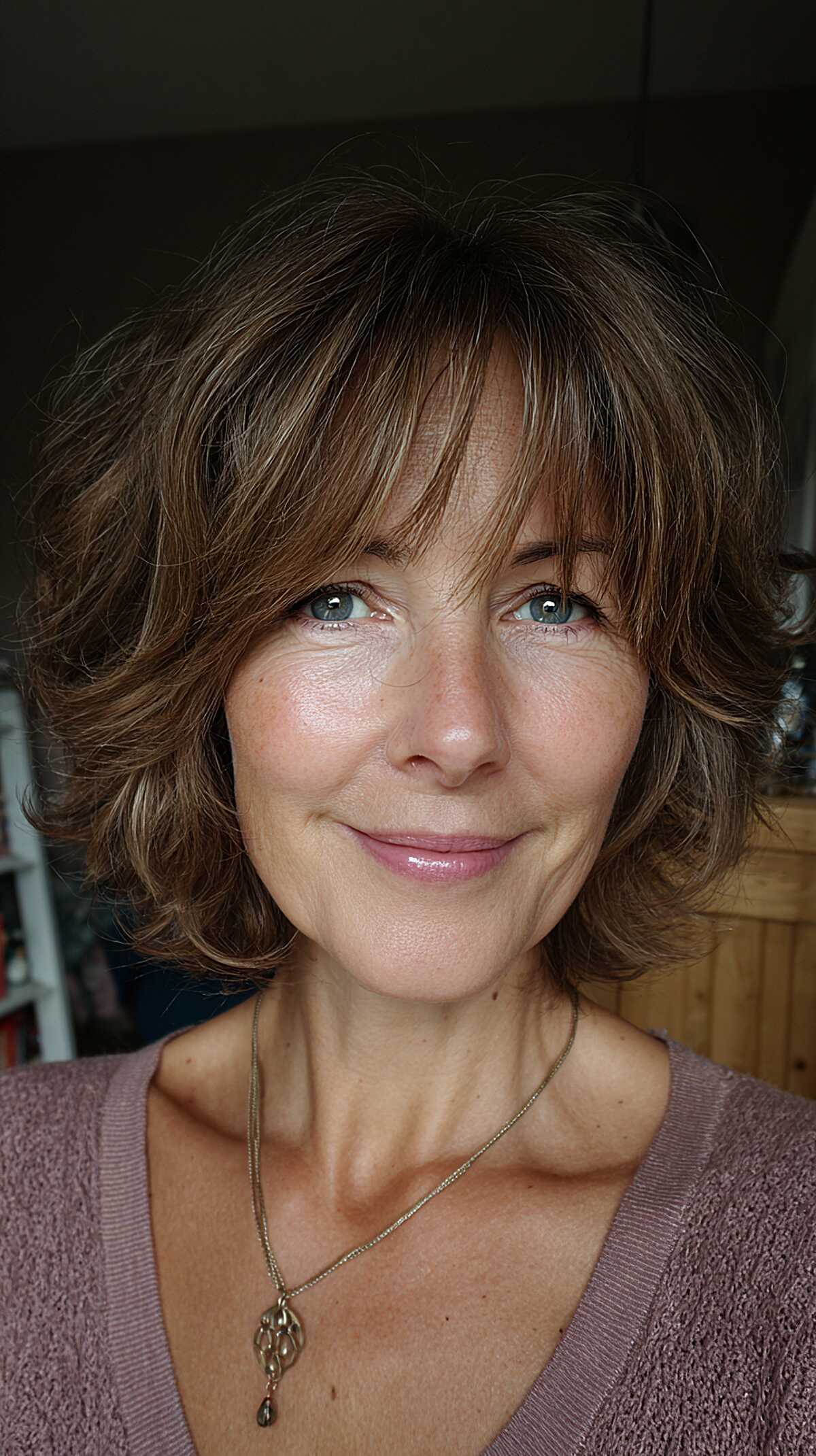 Natural brunette shaggy bob with curtain bangs