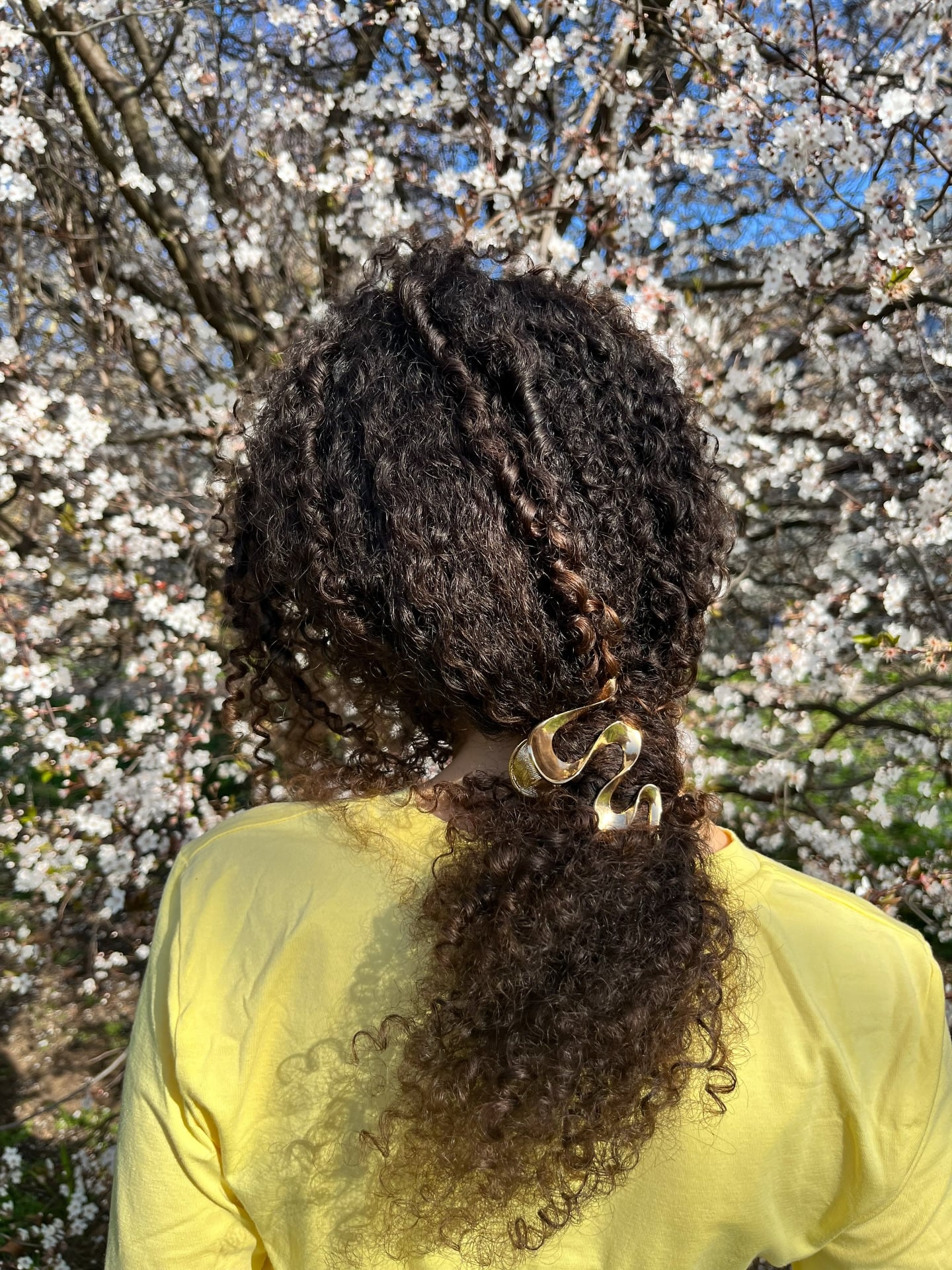 Natural curly hair gathered low with tortoiseshell clip