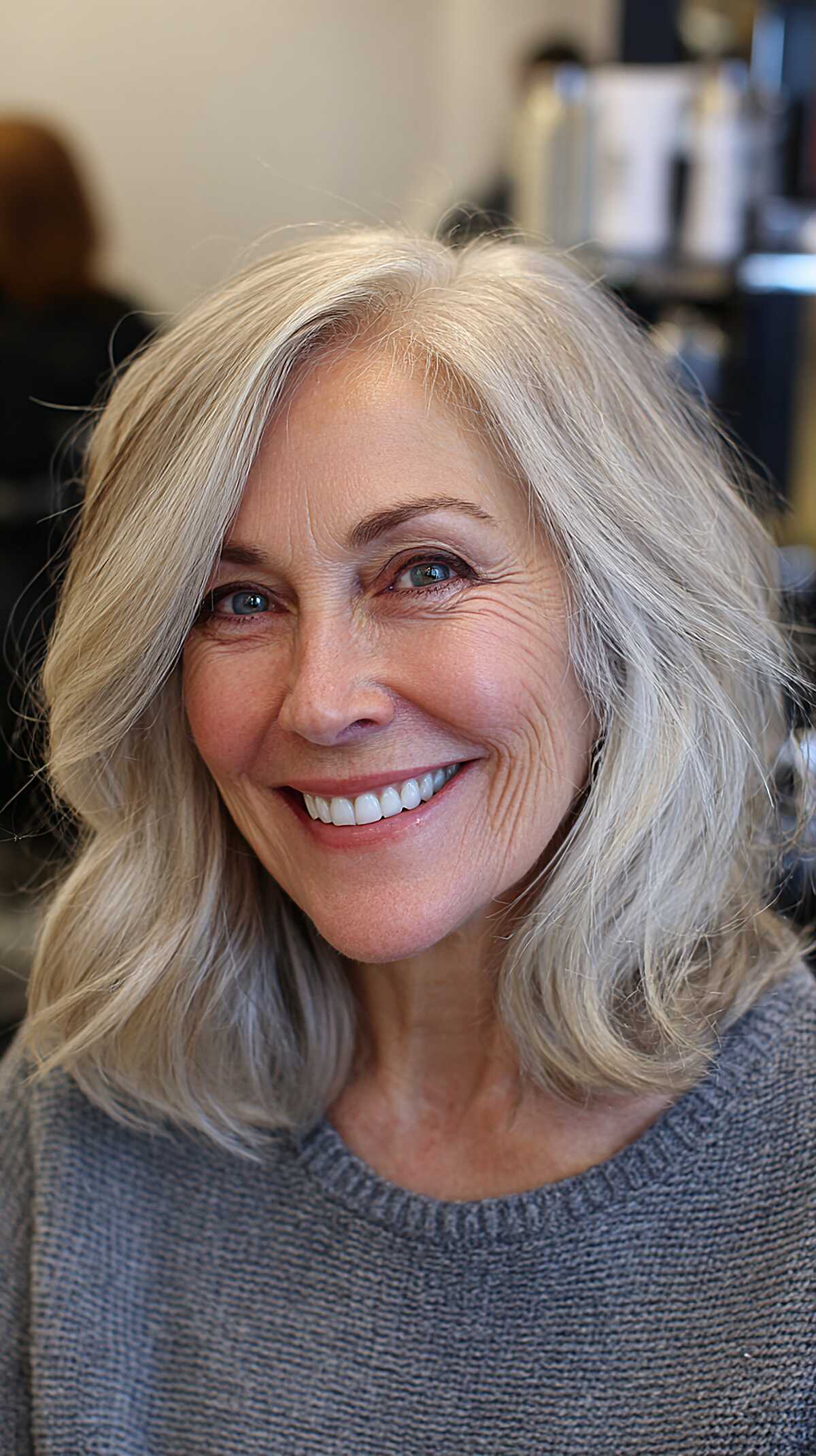 Platinum blonde wavy shoulder length with crown volume