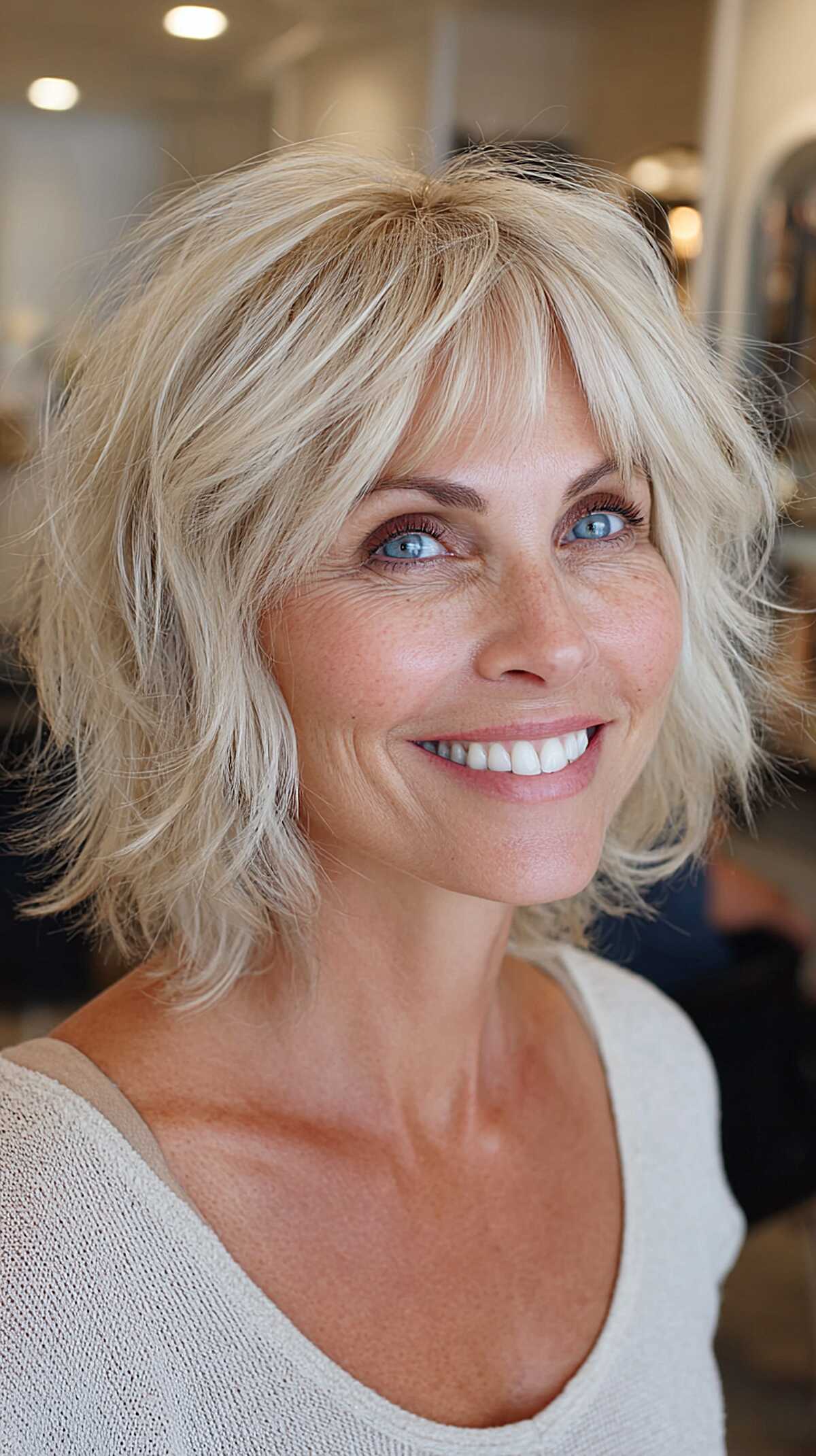 Platinum blonde wispy shag bob with layered bangs