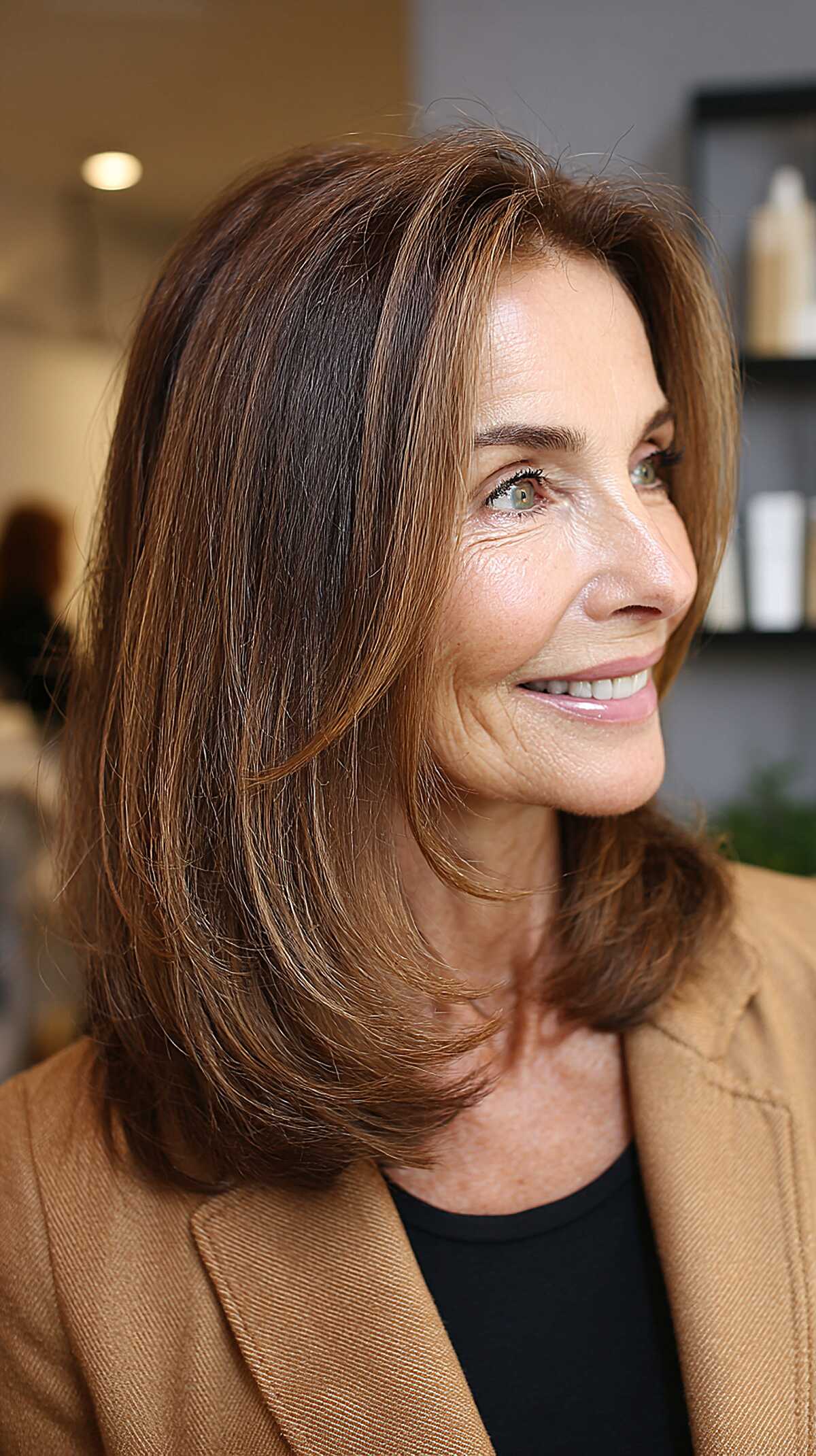 Polished brunette shoulder length with caramel highlights