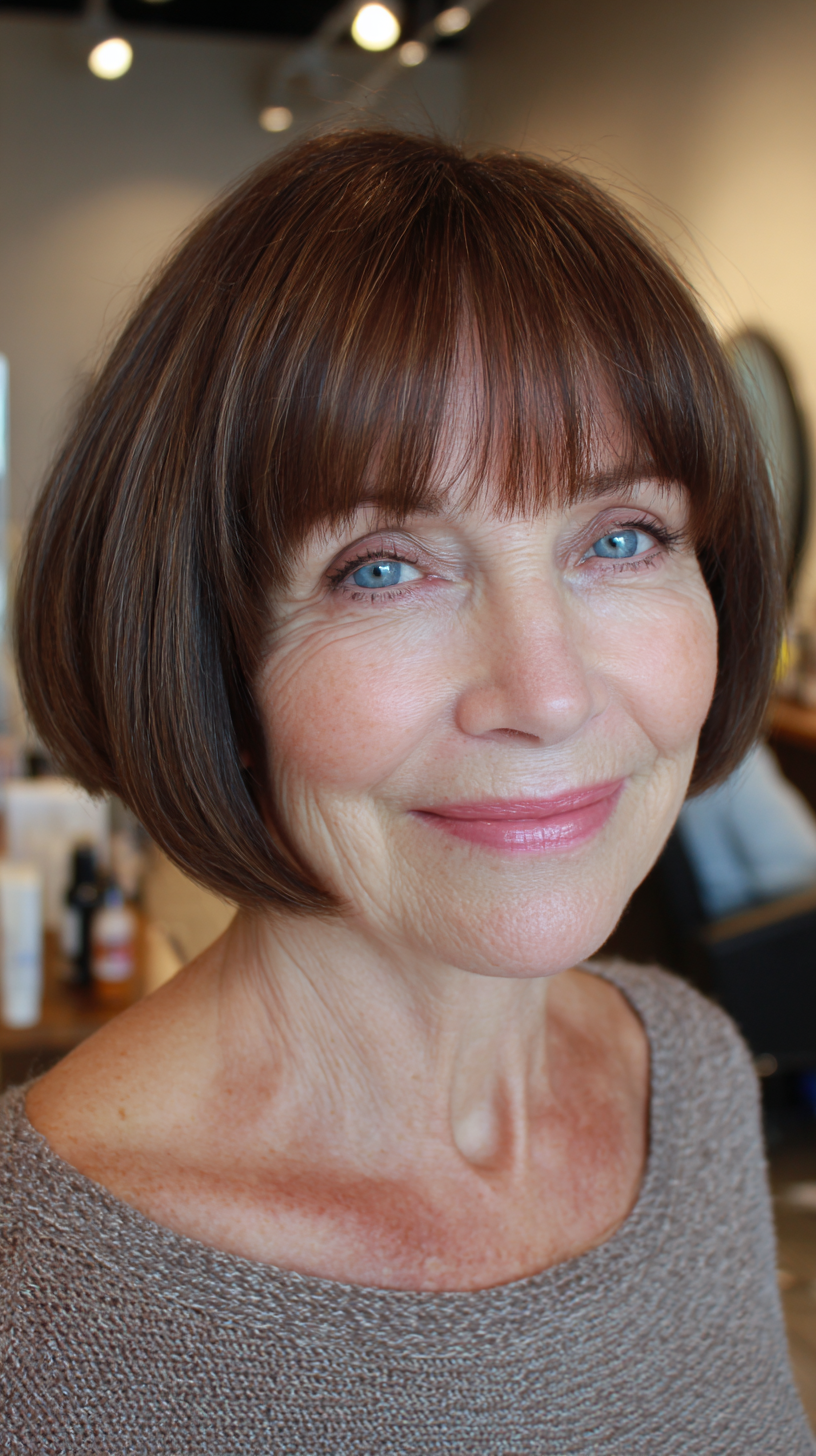 Sleek warm brunette chin bob with full straight bangs
