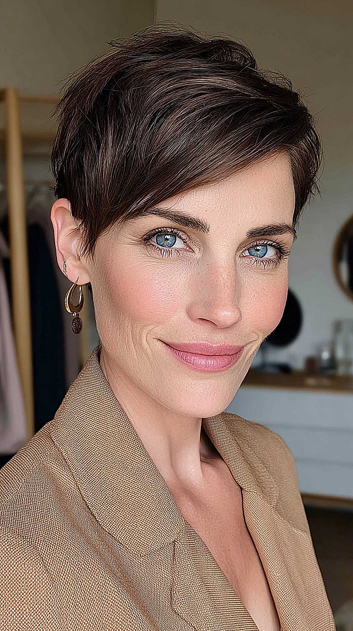 Dark brunette precision pixie with tapered sides and deep part