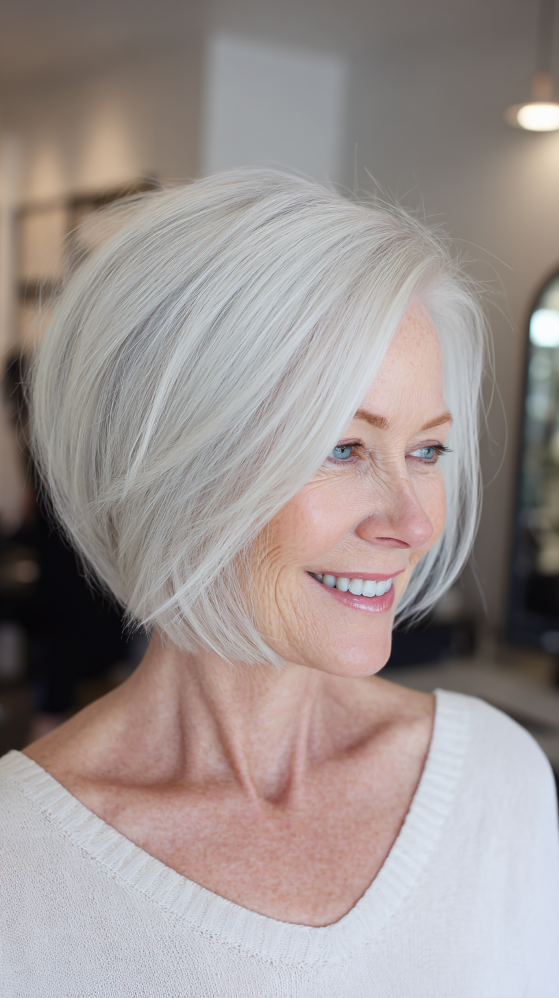 Pure white smooth angled stacked bob with volume