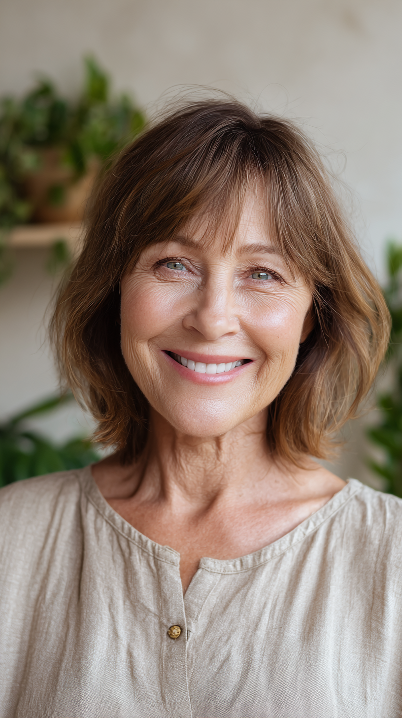 Chin-length light brunette bob with soft wispy bangs