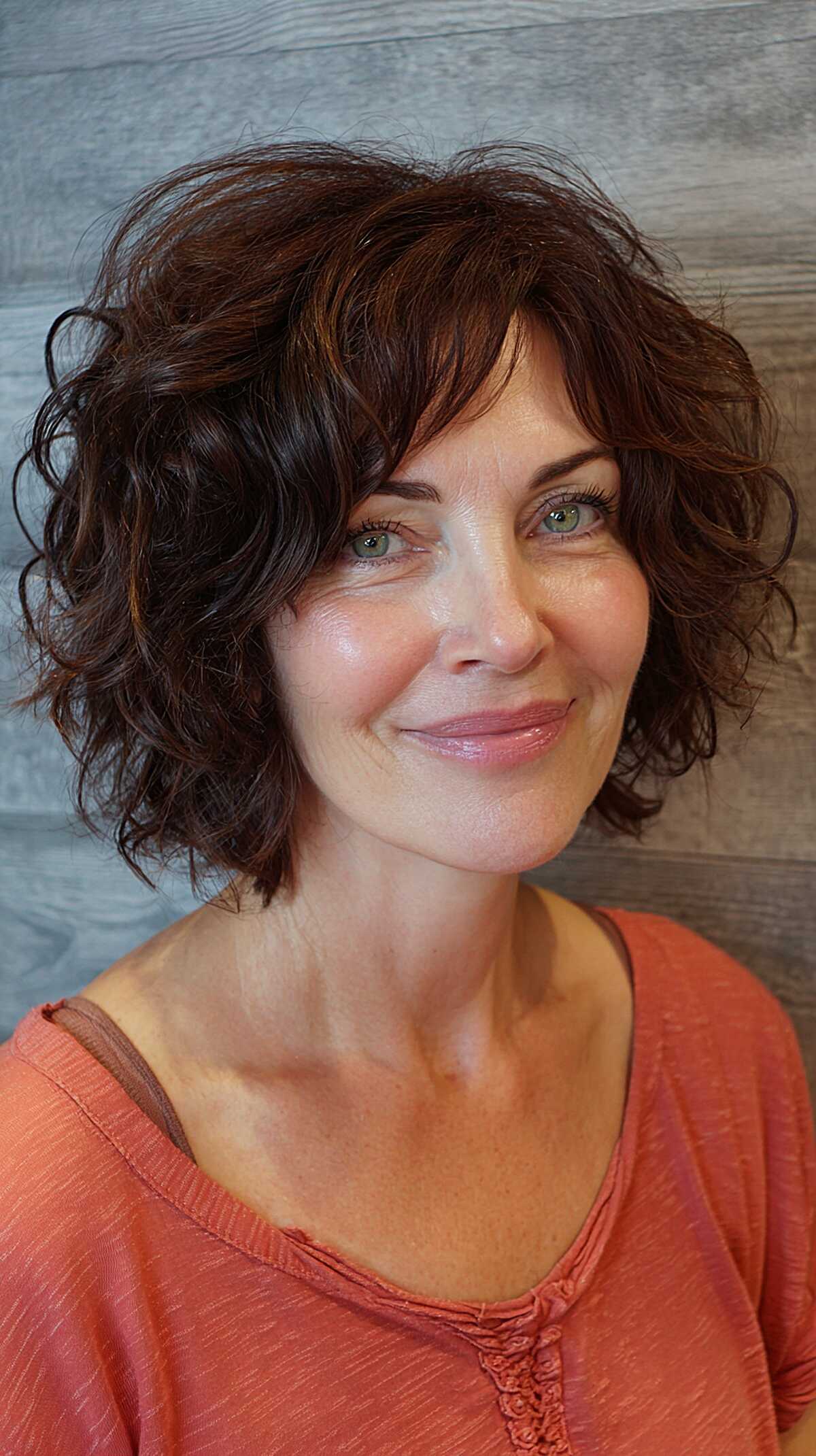 Rich chocolate brown curly shaggy bob