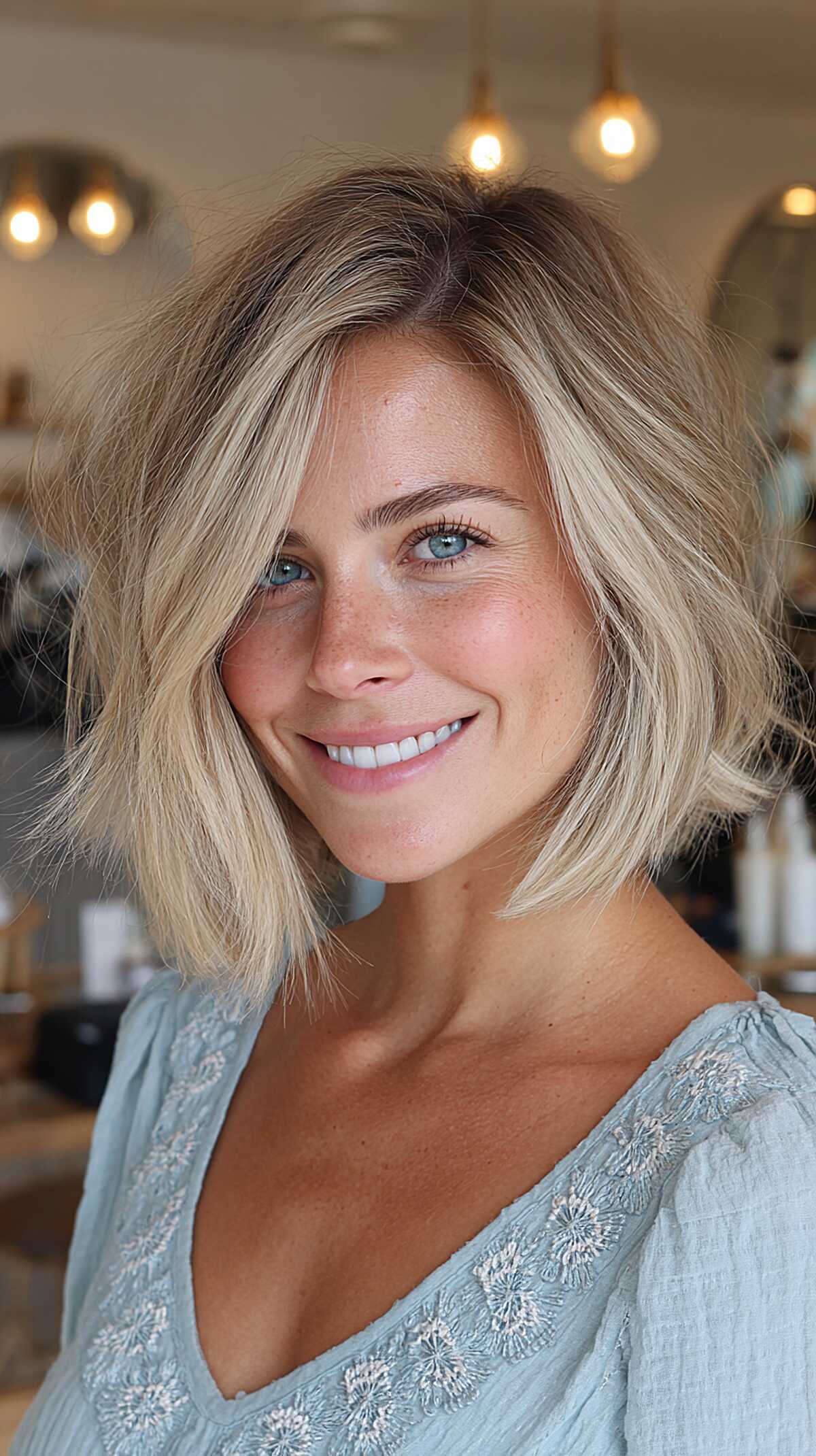 Undone chin-length blonde bob with dark roots and side part