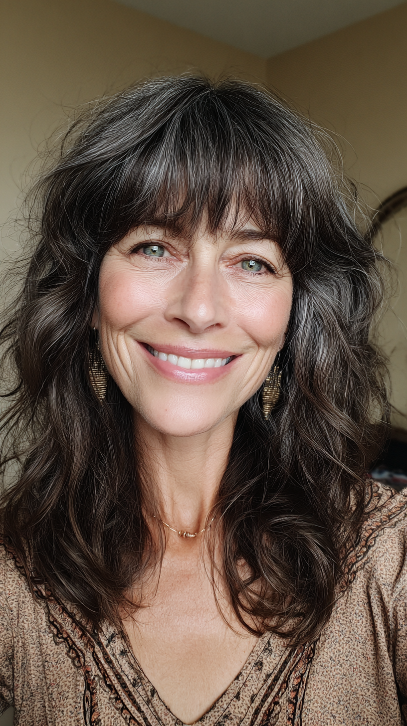 Long salt-and-pepper wavy shag with layered bangs