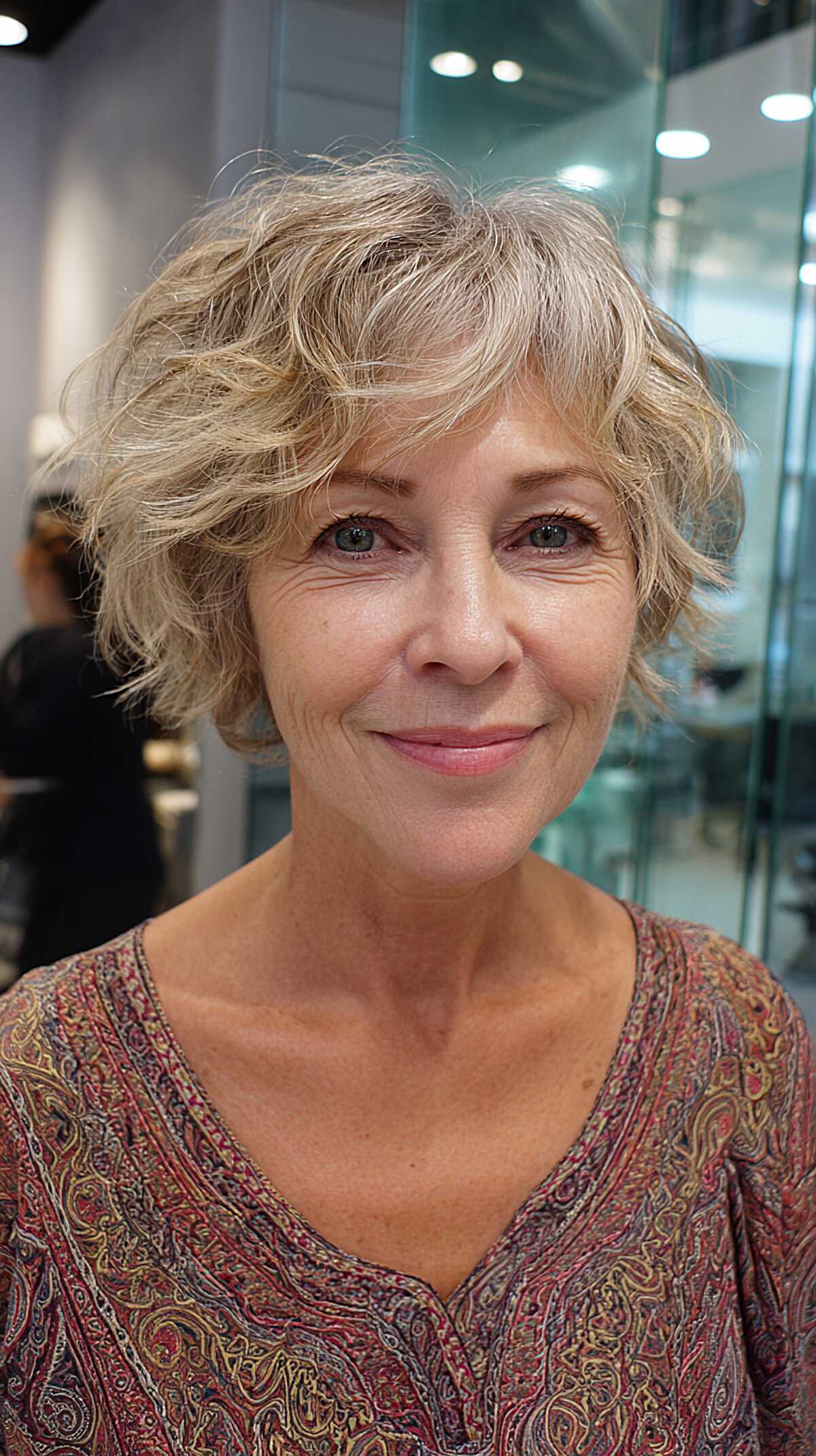 Sandy blonde short curly shag with natural texture