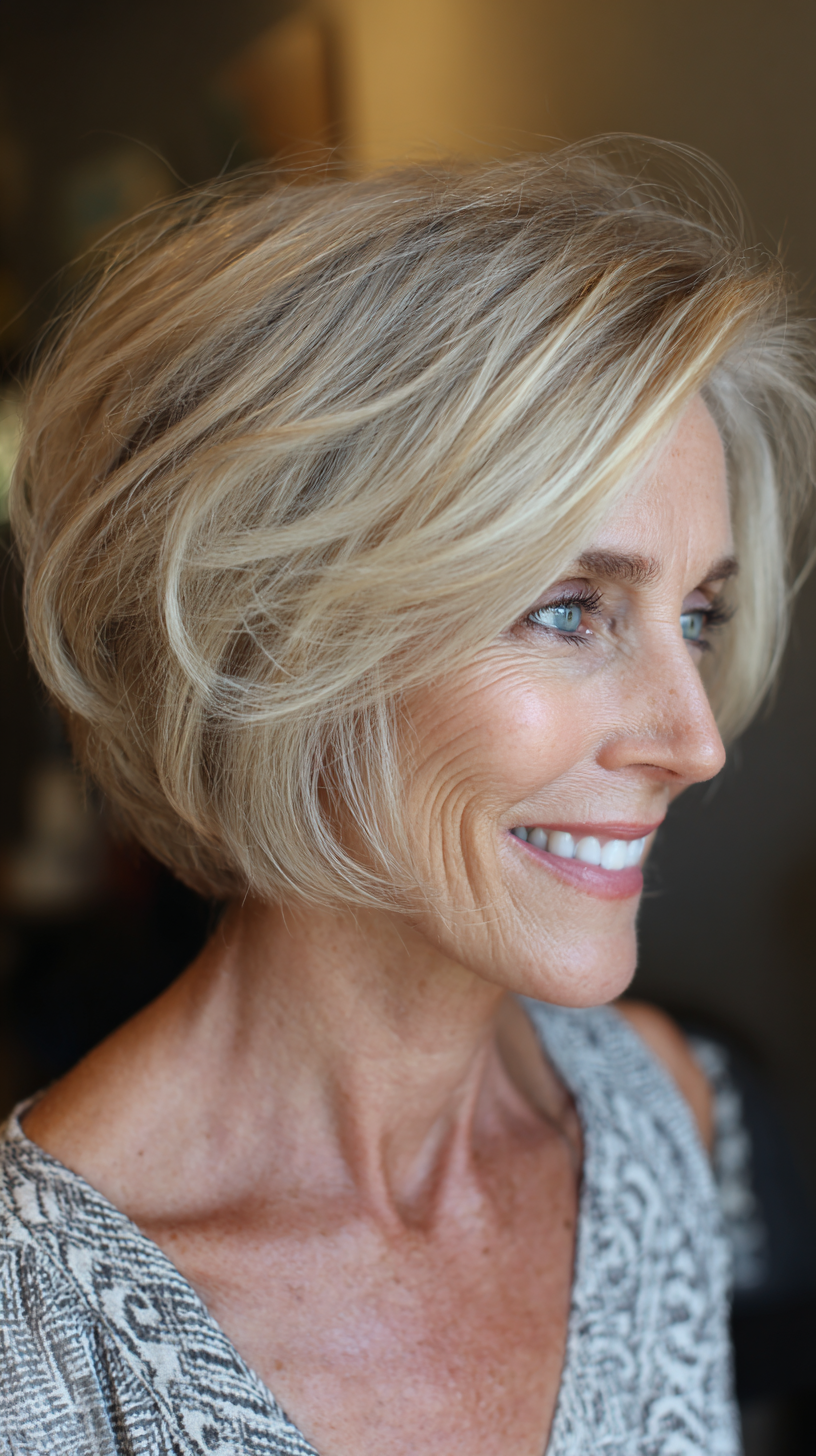 Sandy bronde soft stacked bob with face framing pieces