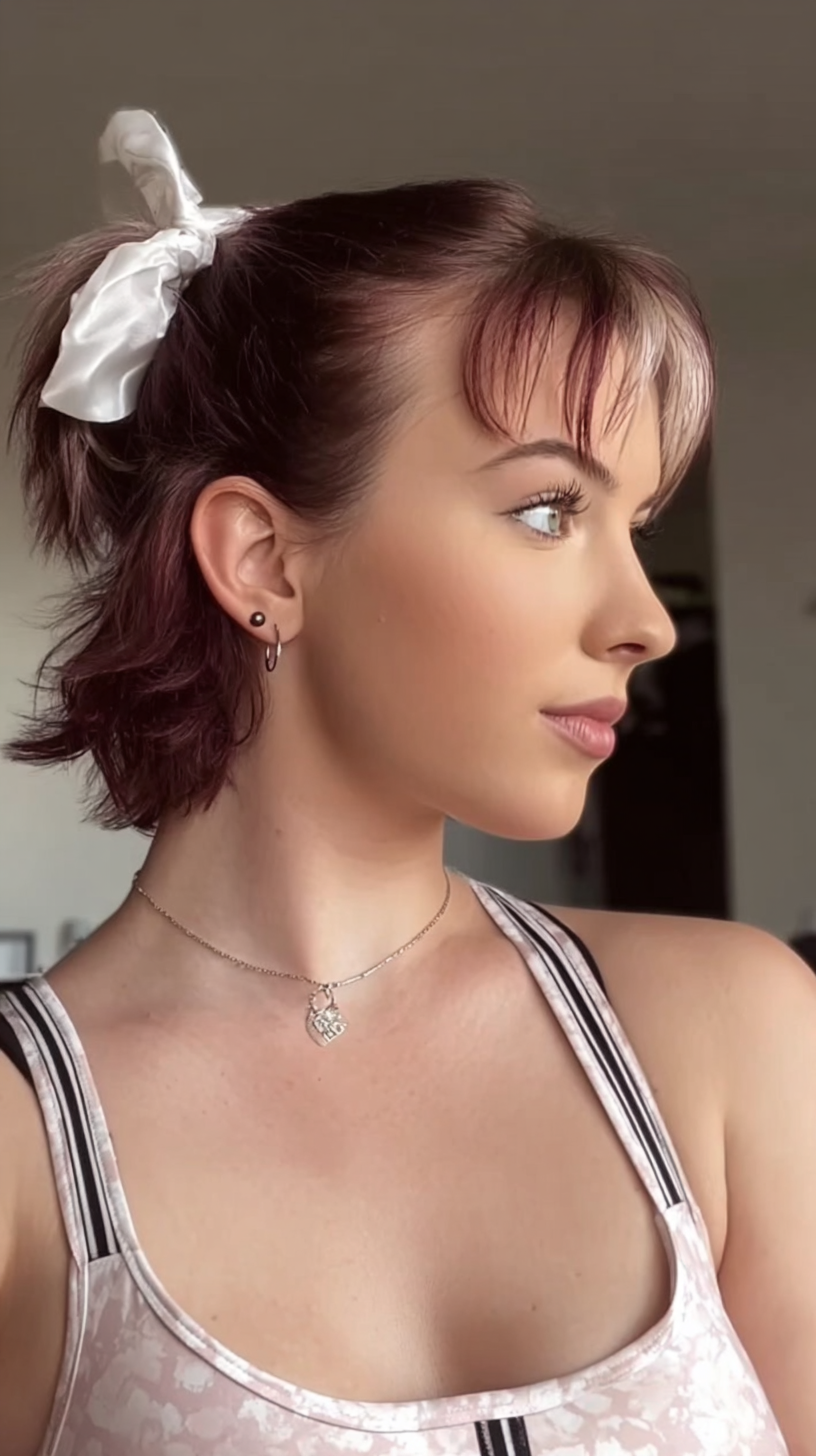 Short mullet pulled up with a white satin scrunchie