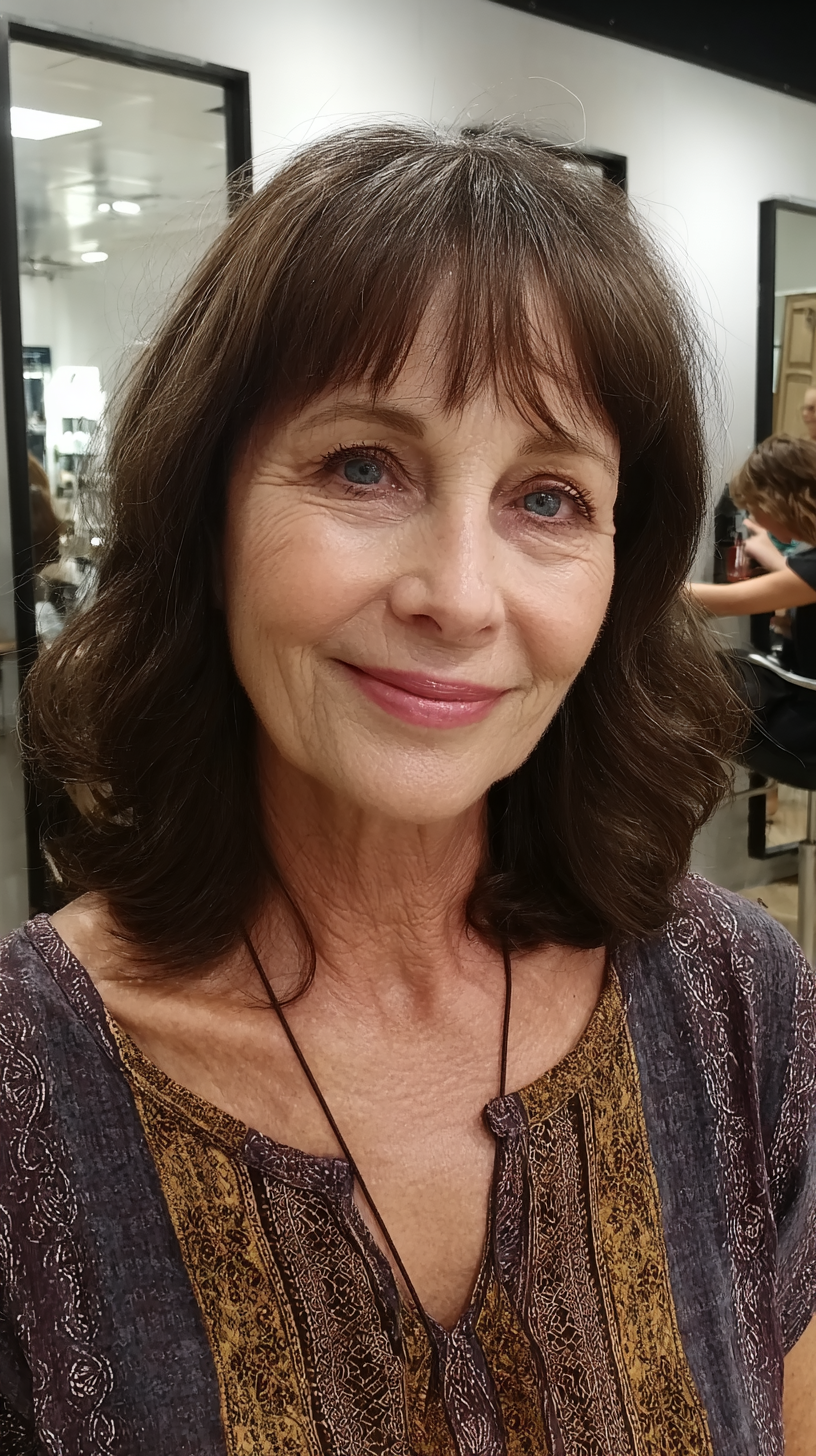 Shoulder-length dark brunette with sheer wispy bangs