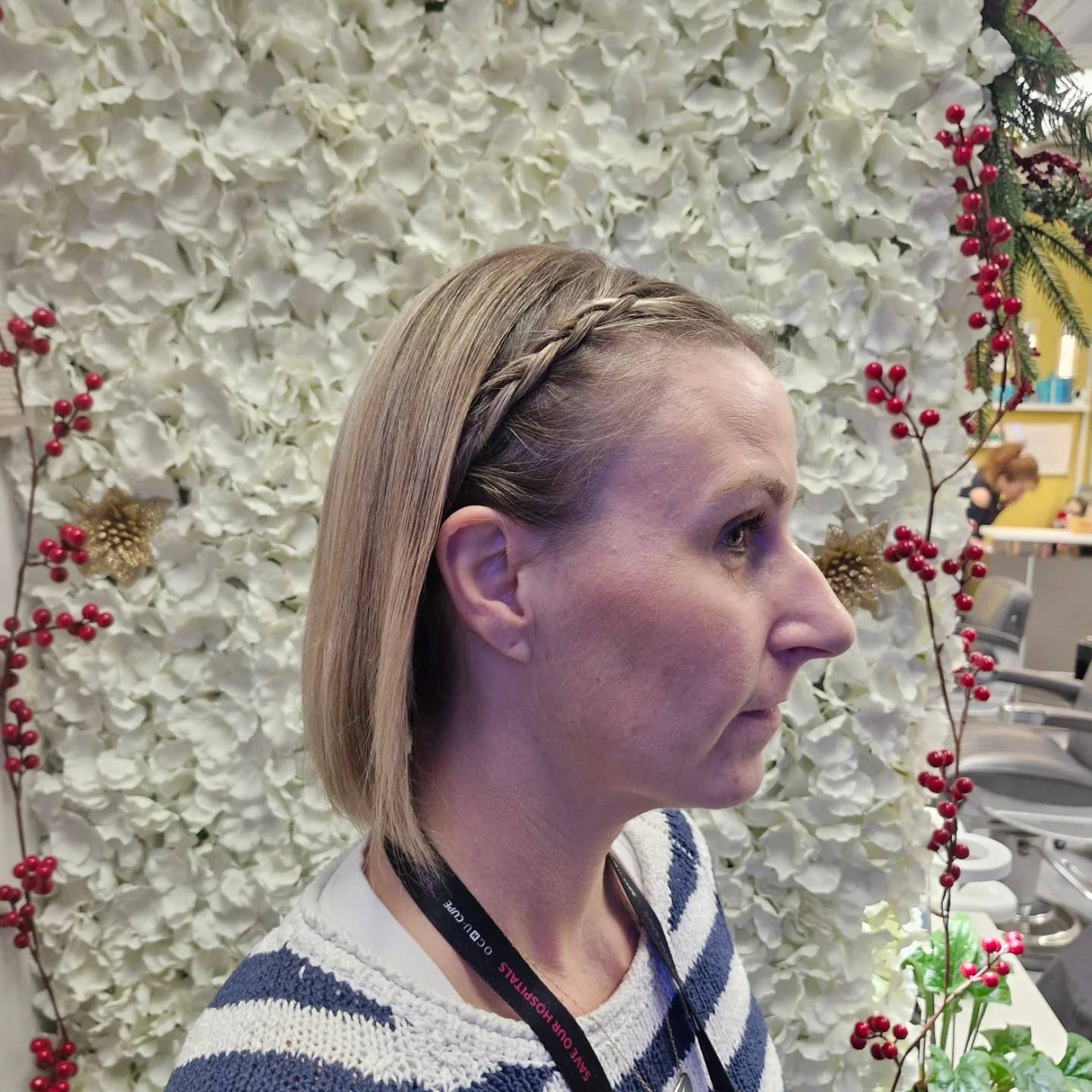 Blonde bob with a small side braid used as a headband