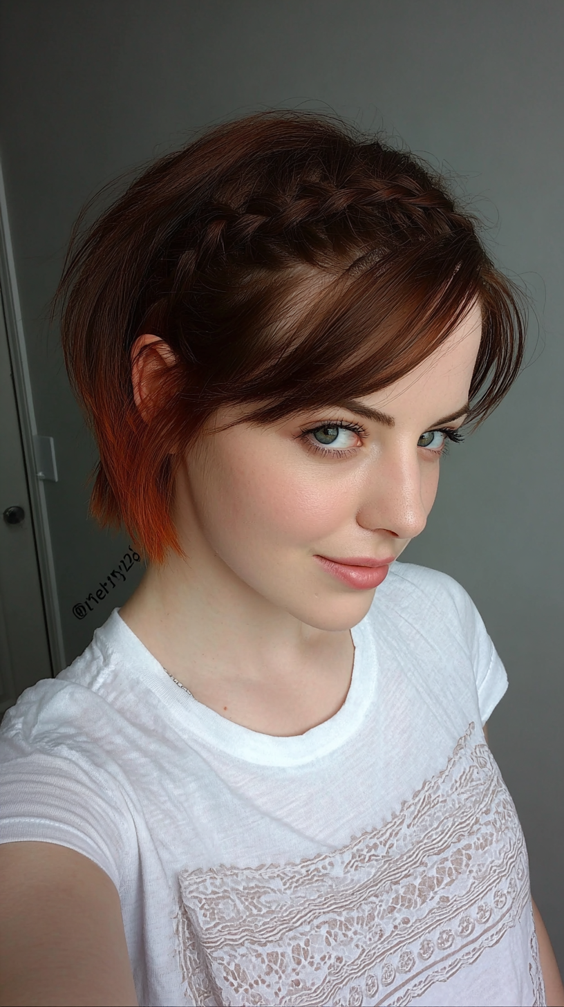 Copper red short bob with a side French braid