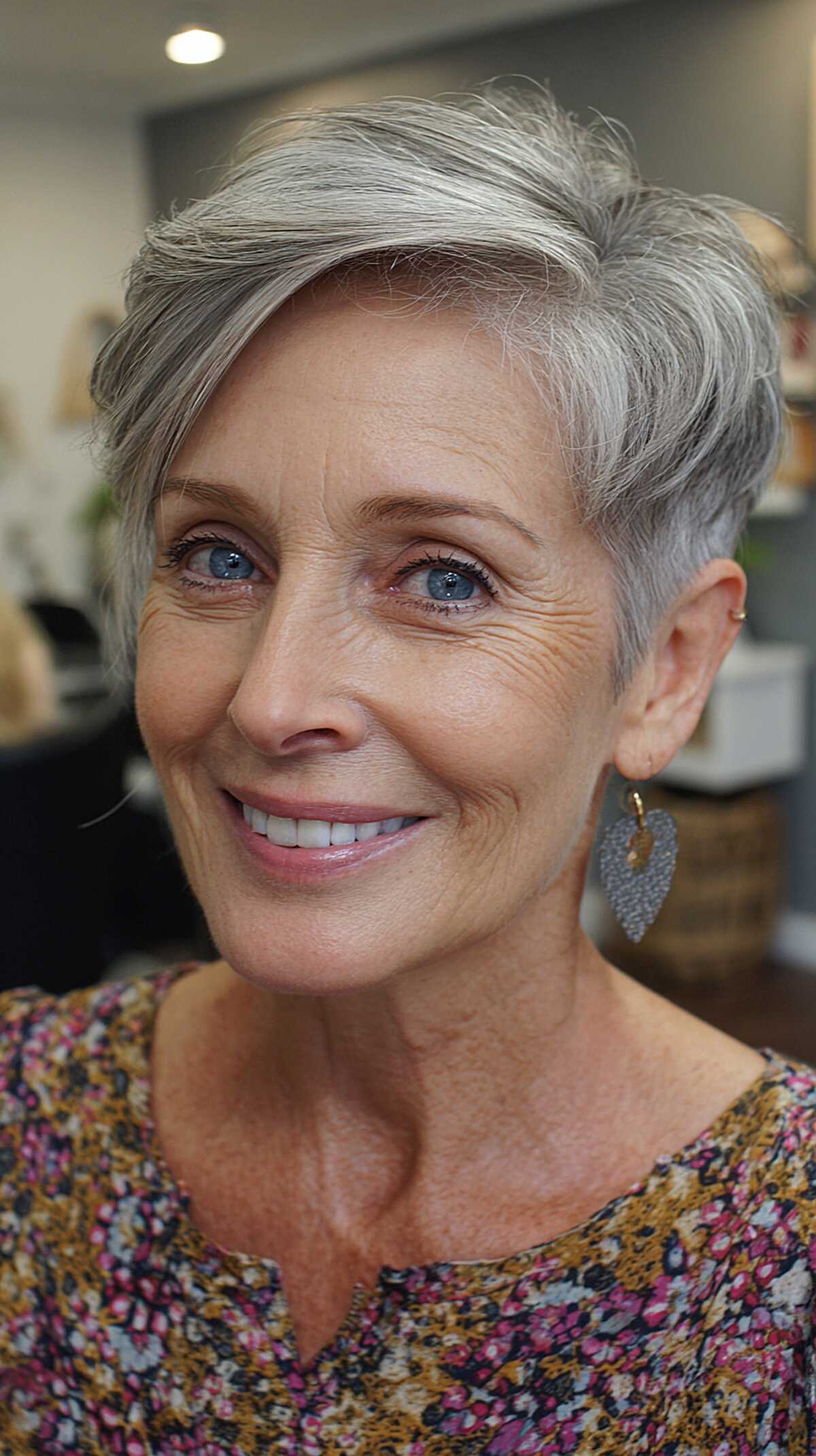 Side-swept grey pixie with longer top and tapered sides