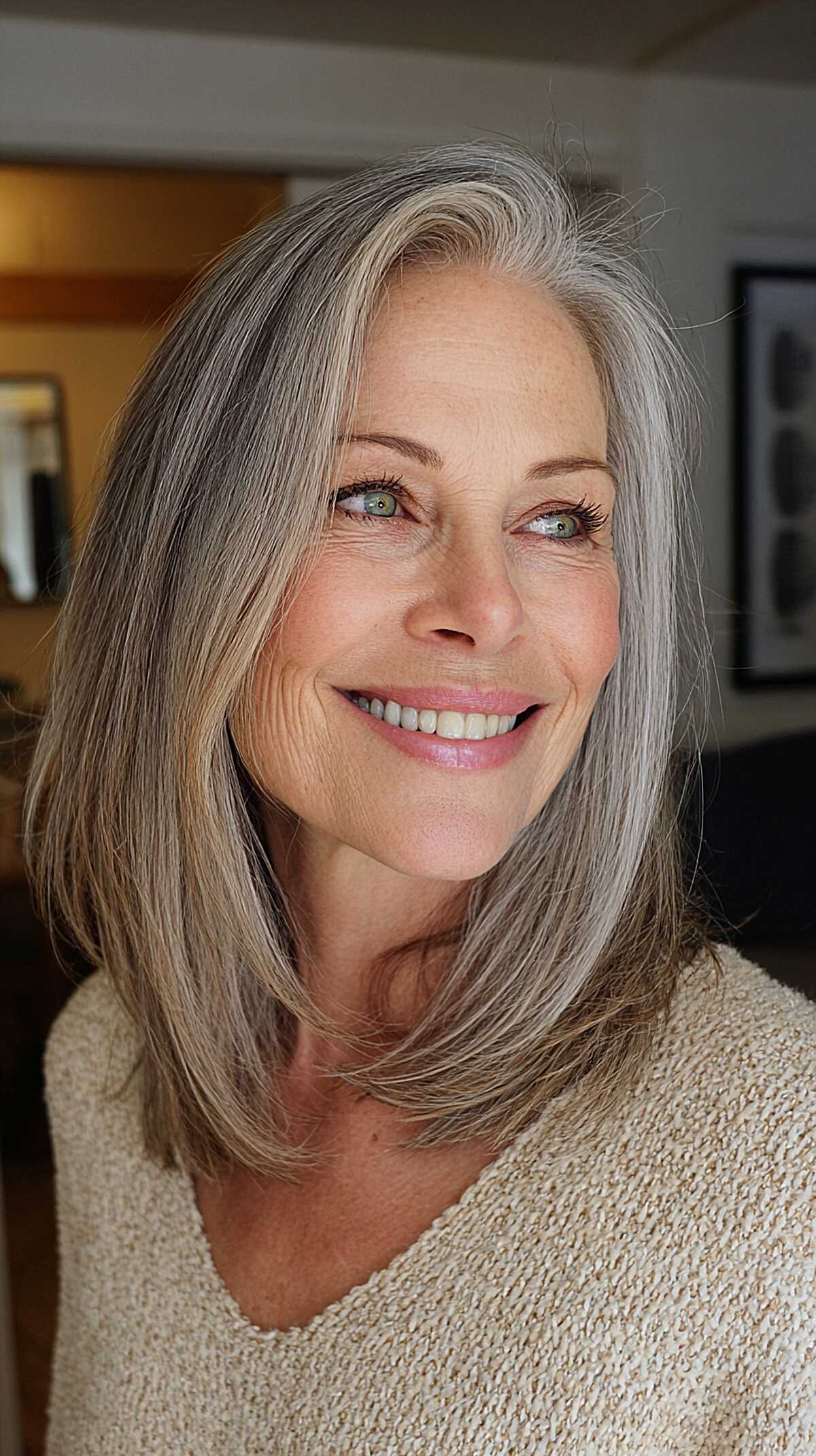 Side swept silver gray lob with natural highlights