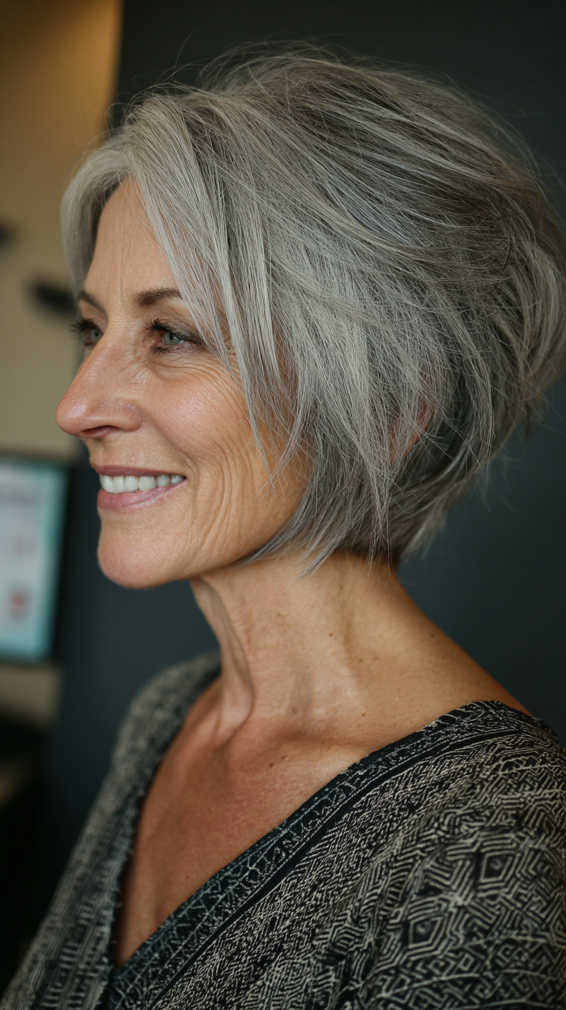 Silver gray undone layered stacked bob with texture