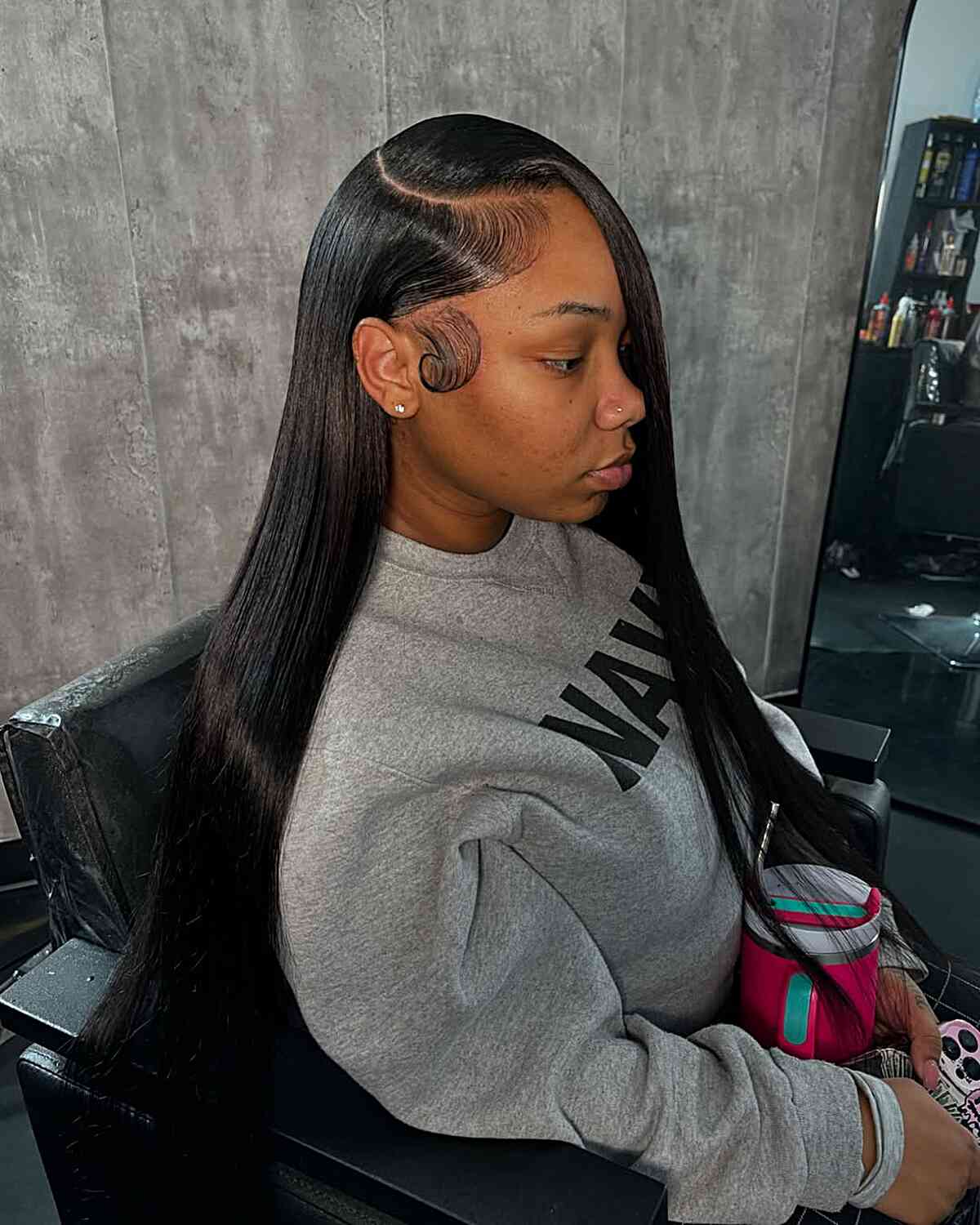 Sleek Long Side-Parted Hairstyle with Defined Edges