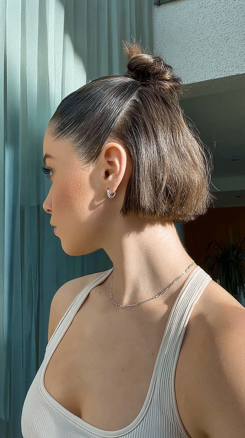 Chin-length bob with a sleek high top knot