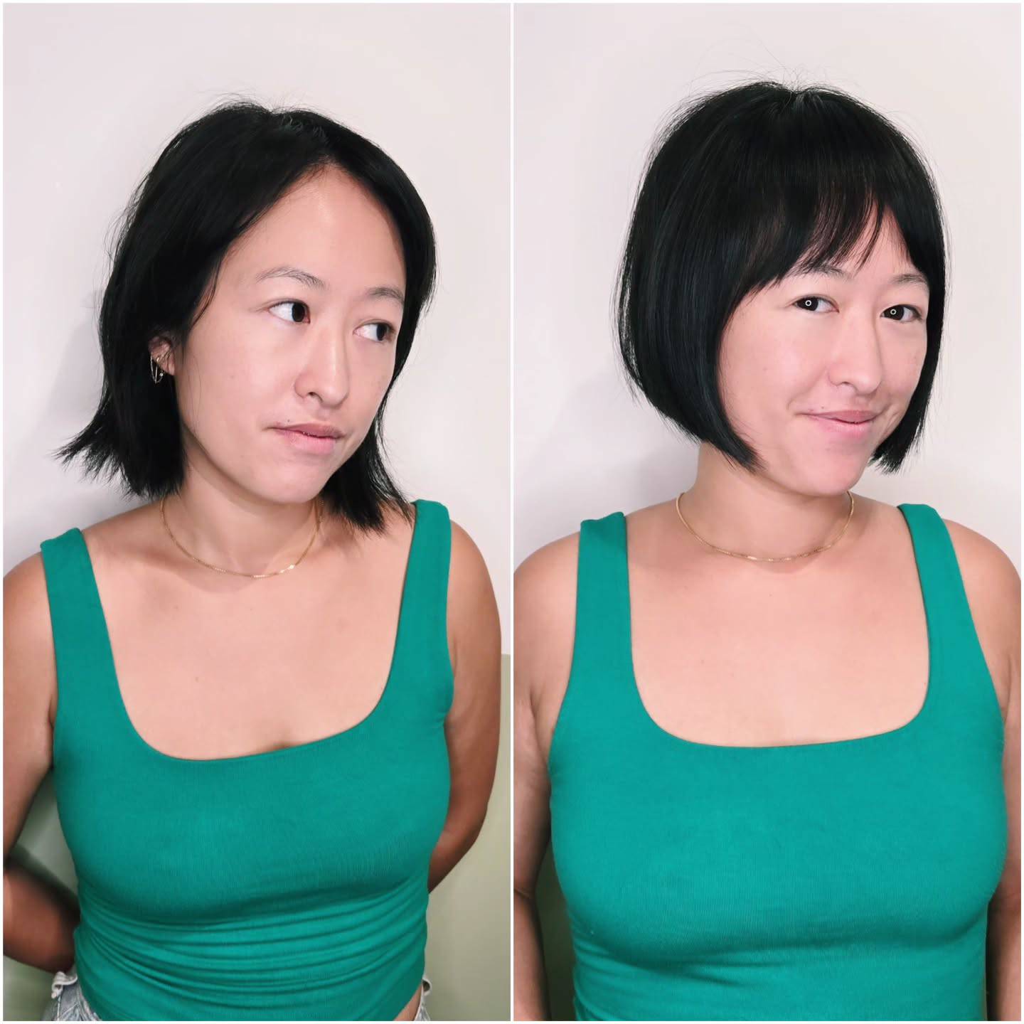 Before and after of a chin-length black bob with wispy bangs