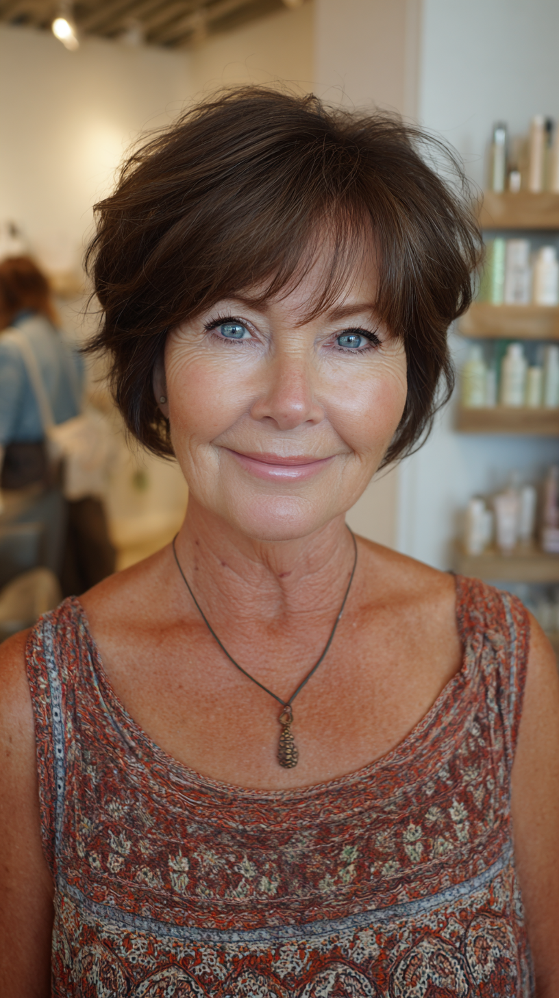Short brunette crop with soft side-swept bangs