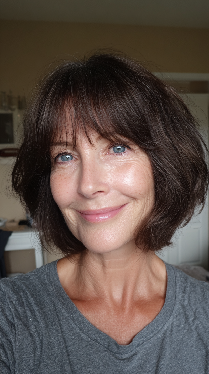 Chin-length dark brunette bob with soft wispy bangs